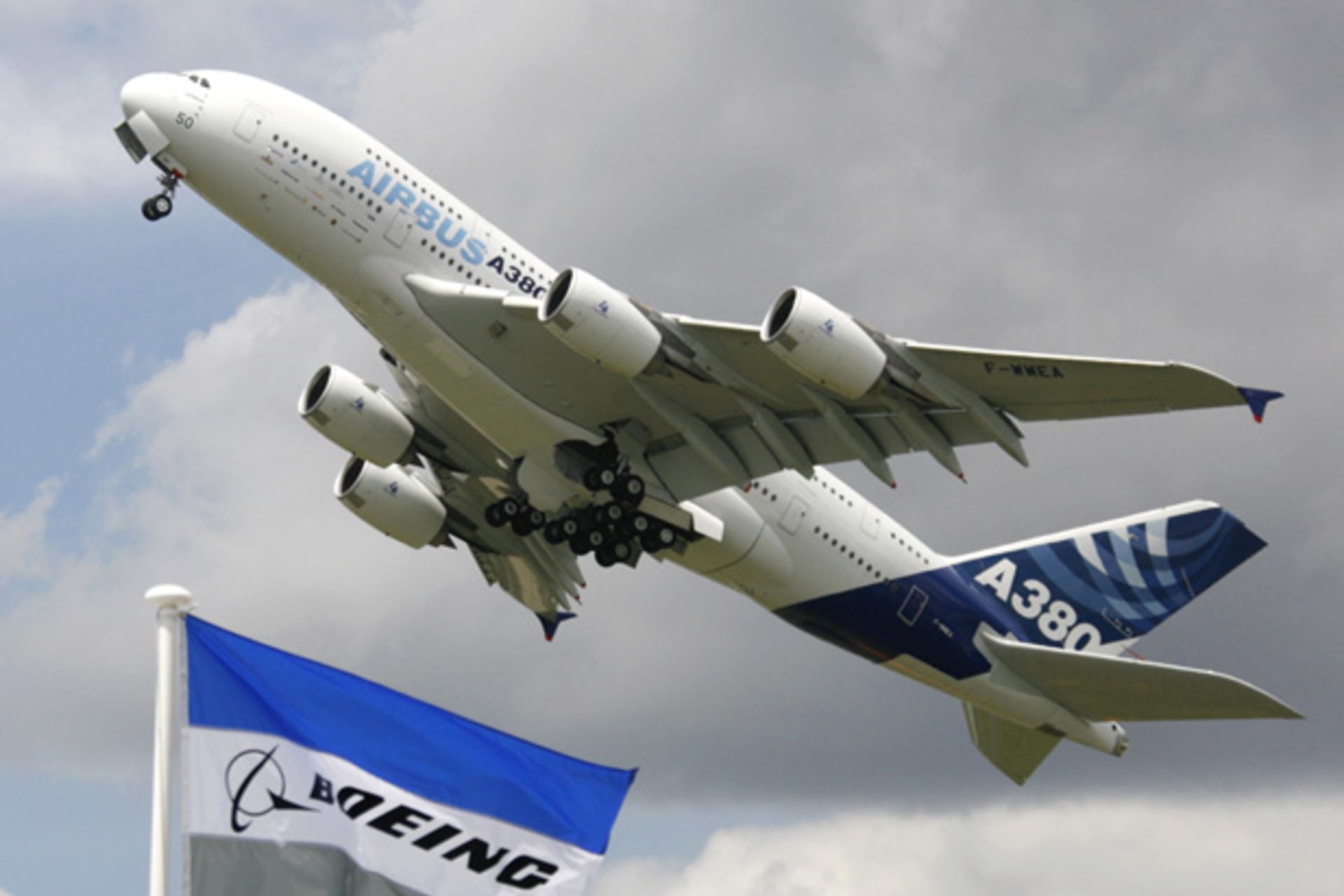 <p>An Airbus A380 takes off for a flying display at an air show in Paris (Pascal Rossignoal/courtesy Reuters).</p>