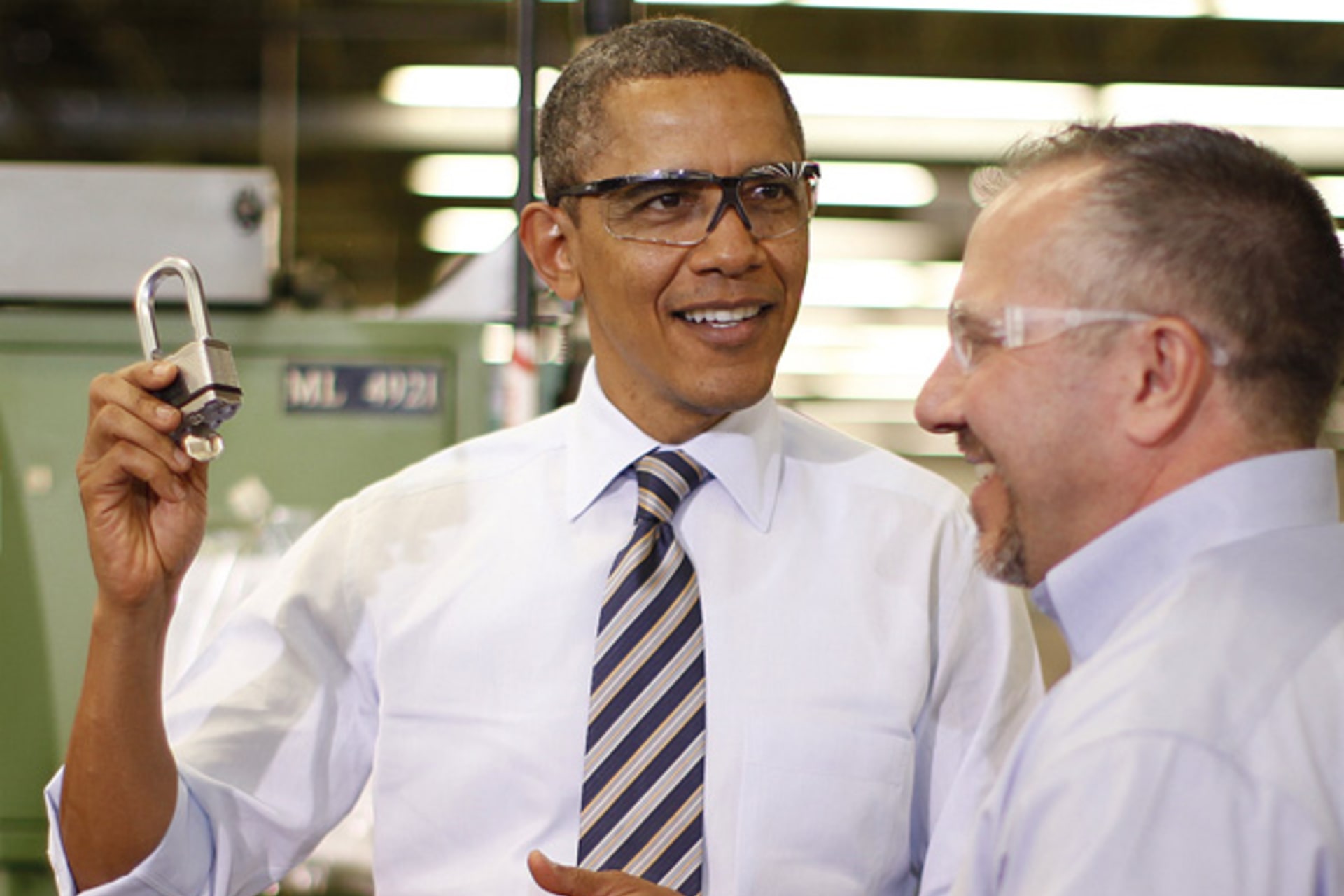 <p>President Obama at the Master Lock plant in Milwaukee on February 15, 2012 (Jason Reed/Courtesy Reuters).</p>
