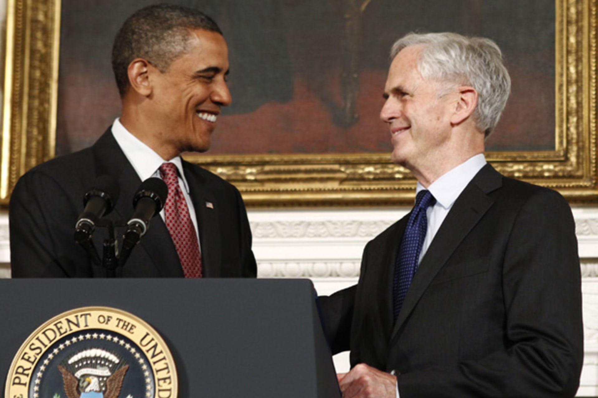 <p>President Barack Obama shakes hands with incoming U.S. Commerce Secretary John Bryson at the White House on May 31, 2011 (Kevin Lamarque/Courtesy Reuters).</p>