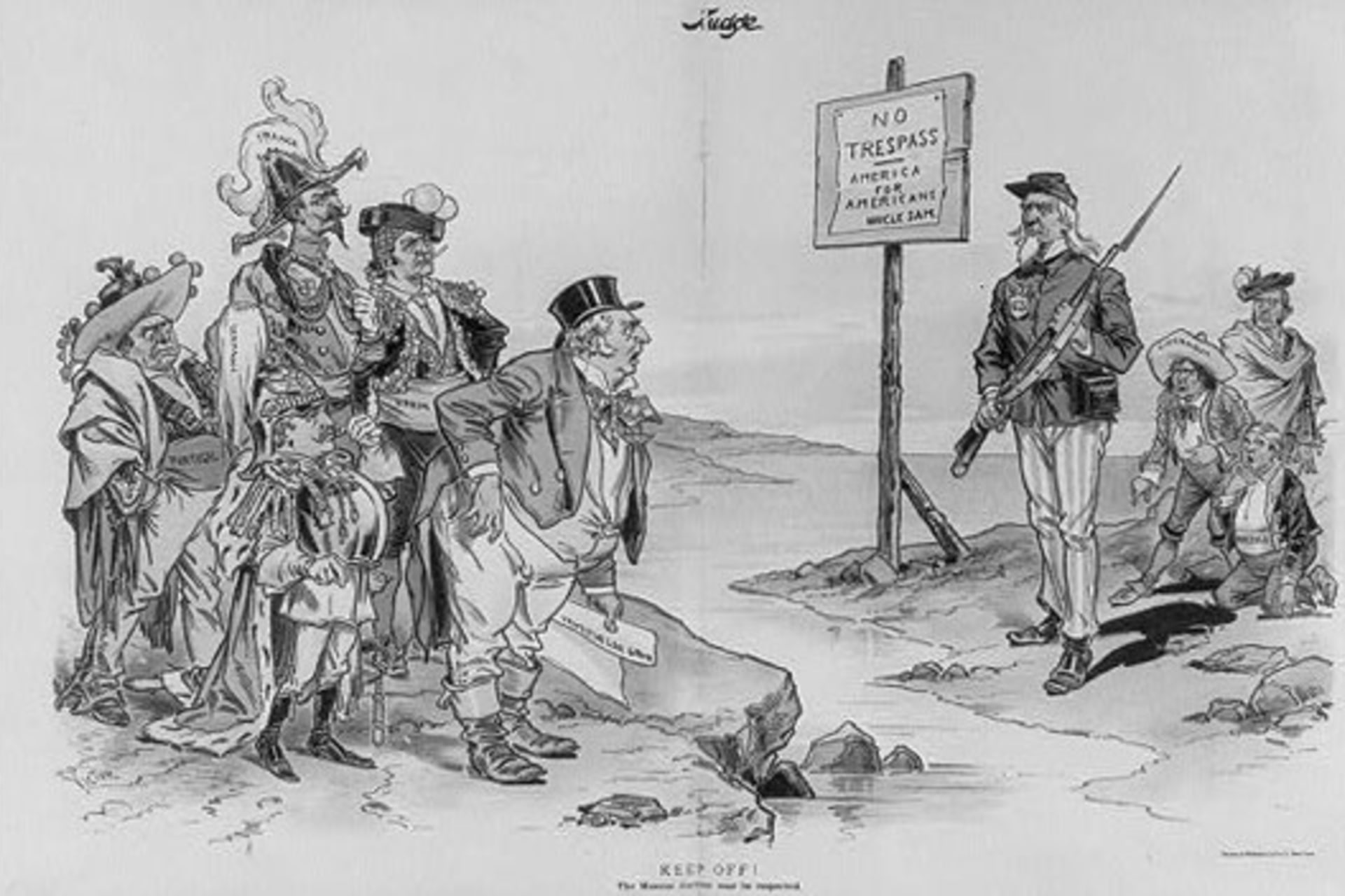 <p>Political cartoon depicting the Monroe Doctrine </p>
