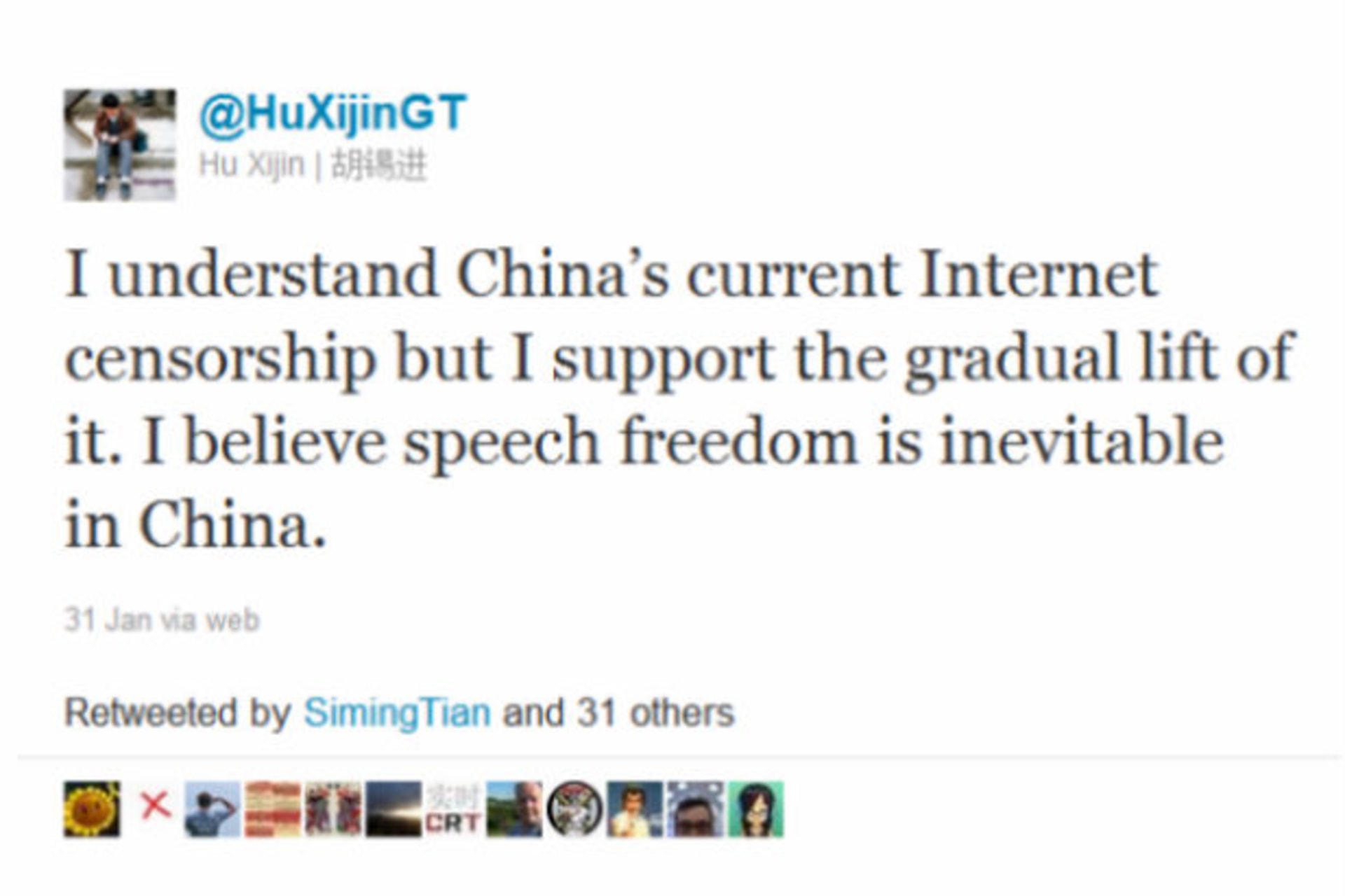 <p>Hu Xijin’s Tweet on January 31, 2012. (Hu Xijin/Courtesy Twitter)</p>