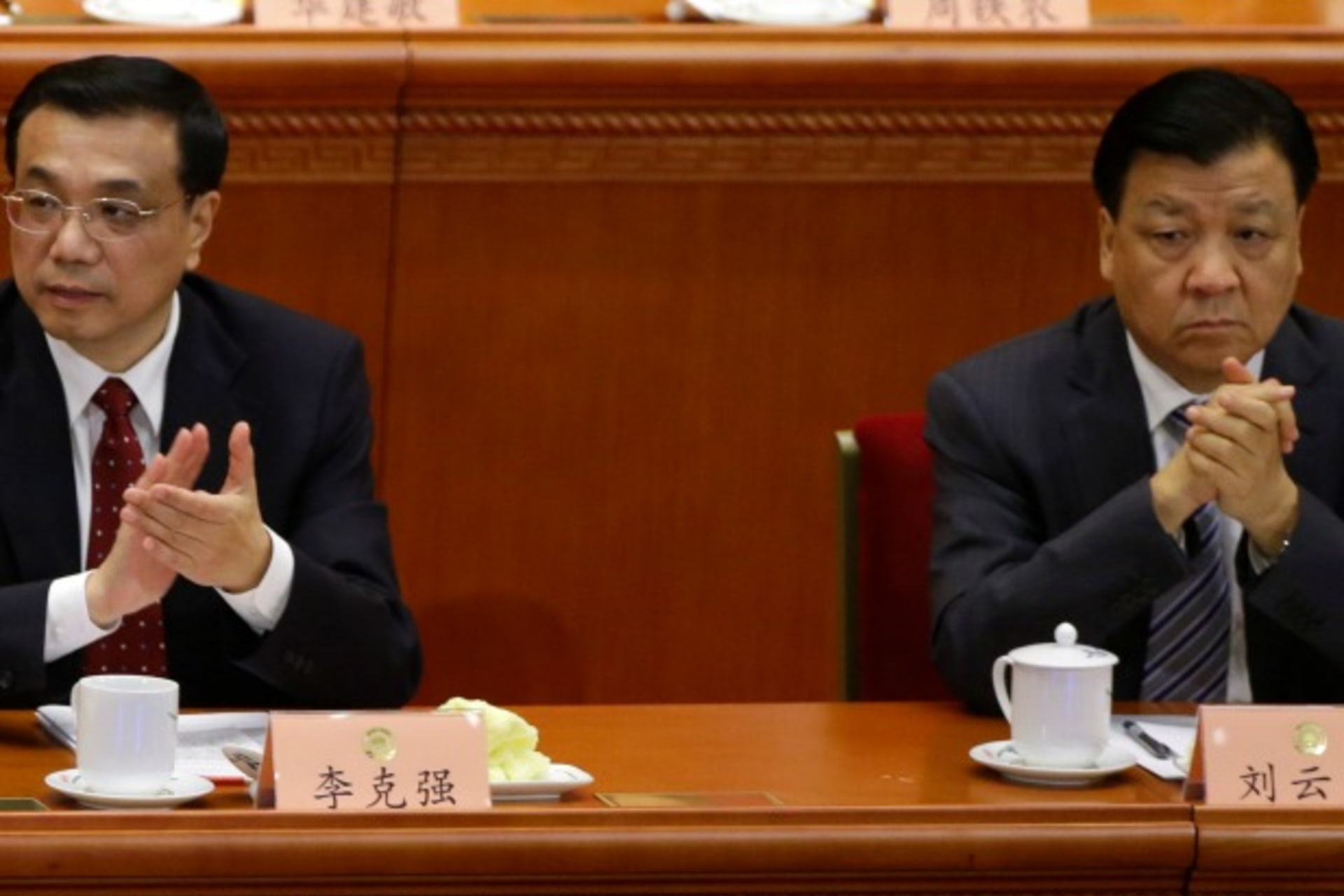 <p>China’s Politburo Standing Committee member Liu Yunshan (R ) and China’s Vice Premier Li Keqiang attend the opening ceremony o…ical Consultative Conference (CPPCC) at the Great Hall of the People in Beijing on March 3, 2013. (Jason Lee/Courtesy Reuters)</p>
