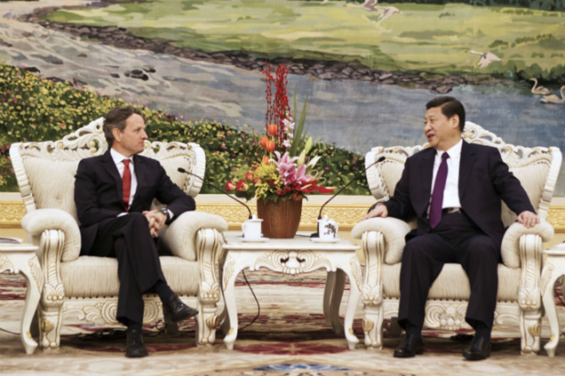 <p>U.S. Treasury Secretary Geithner meets with Chinese Vice President Xi at the Great Hall of the People in Beijing. (Andy Wong/courtesy Reuters)</p>
