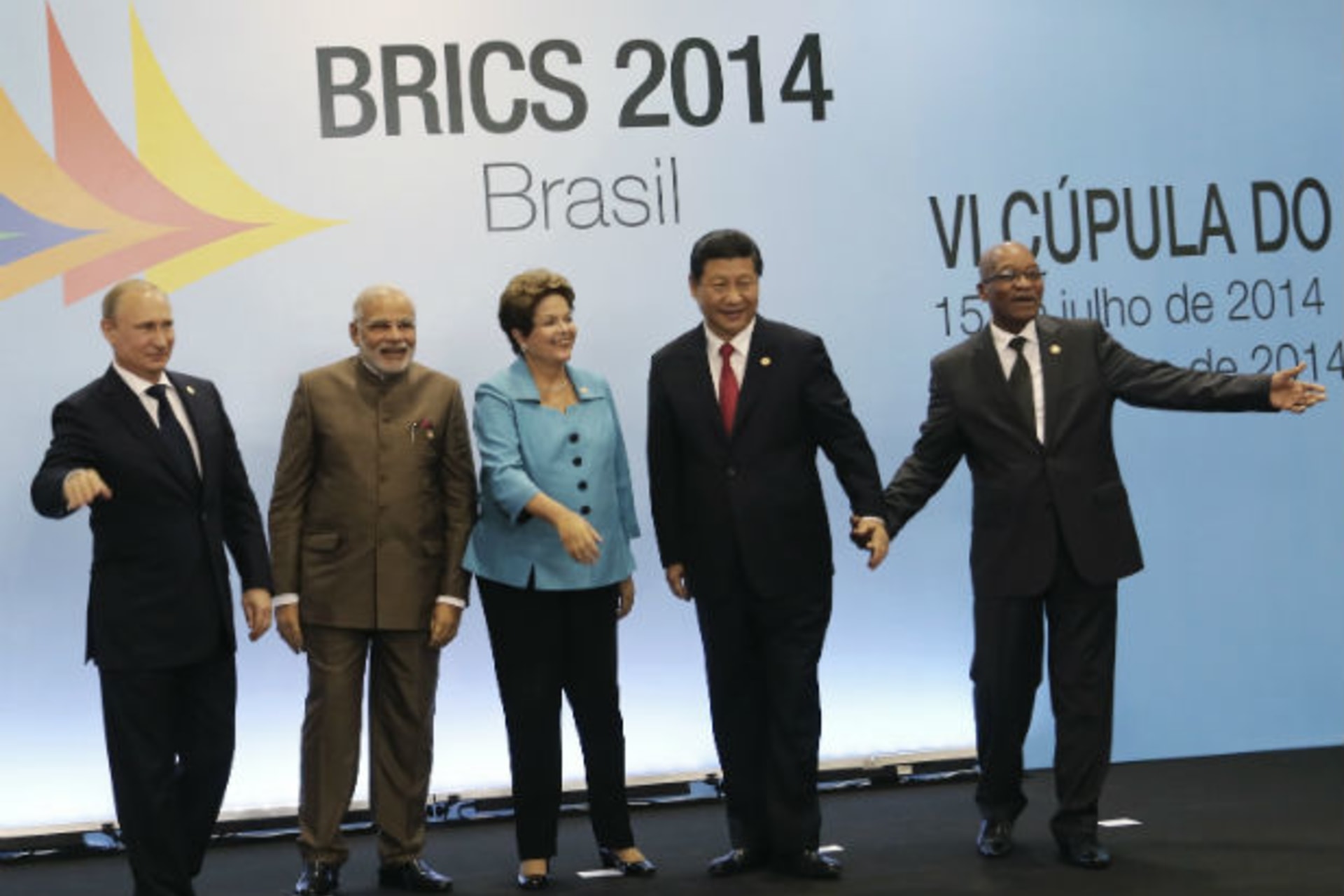 <p>Leaders of the BRICS countries—Russian President Vladimir Putin, Indian Prime Minister Narendra Modi, Brazilian President Di…dent Xi Jinping, and South African President Jacob Zuma—pose during the BRICS summit in Fortaleza, Brazil, on July 15, 2014.</p>