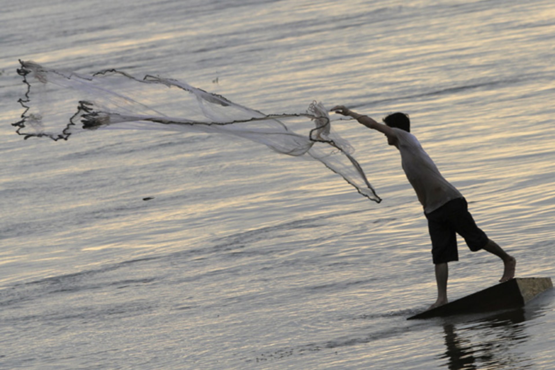 <p>A man casts a fishing net on the banks of the Mekong river.</p>
