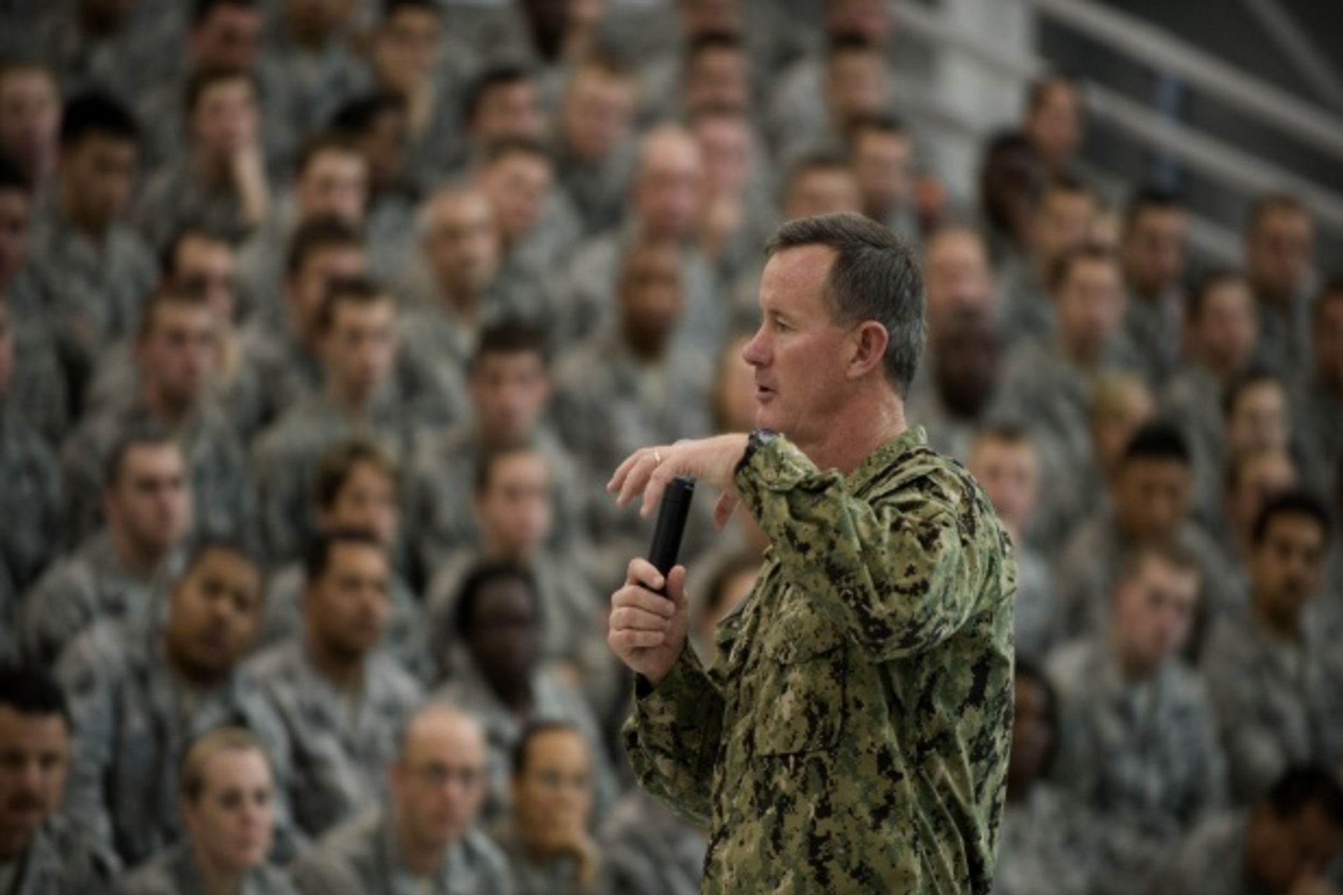 <p>U.S. Navy Admiral William McRaven, commander of the U.S. Special Operations Command, answers a question during an all-call at Hurlburt Field, Florida, on January 31, 2012.</p>
