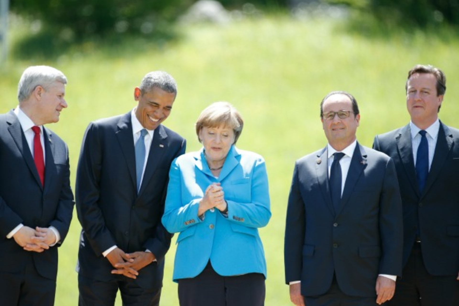 <p>Canadian Prime Minister Stephen Harper, U.S. President Barack Obama, German Chancellor Angela Merkel, French President Francoi…or a family photo during their meeting at the hotel castle Elmau in Kruen, Germany, June 7, 2015 (Christian Hartmann/Reuters).</p>
