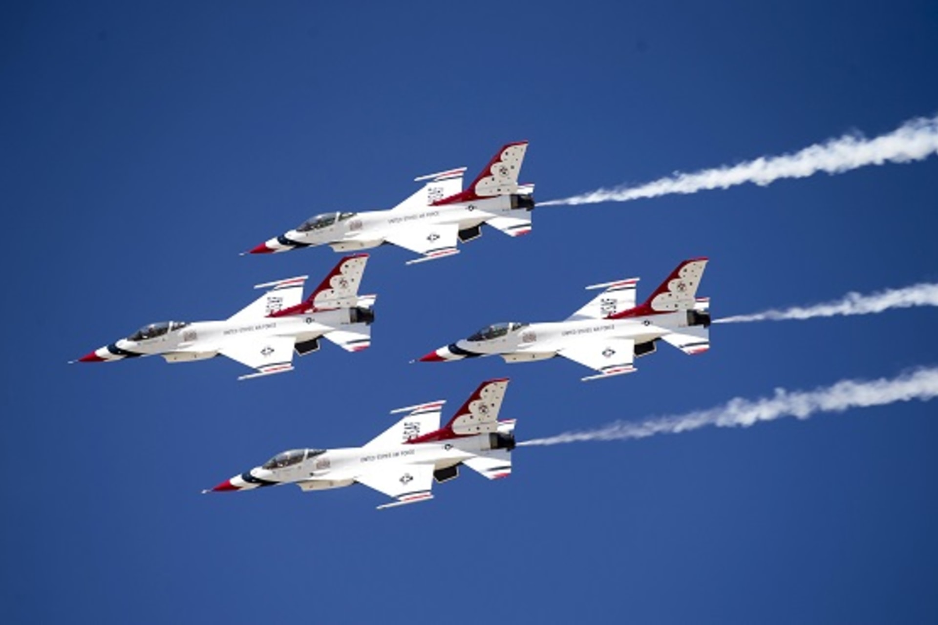 F-16 U.S. Air Force Thunderbirds fly in formation during a media day ahead of the Los Angeles County Air Show in Lancaster