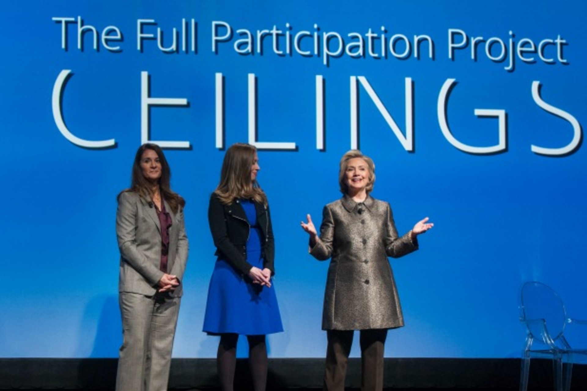 <p>Former U.S. Secretary of State Hillary Clinton (R) speaks on-stage with her daughter, Chelsea Clinton, and Melinda Gates (L) a…inton Foundation’s “No Ceilings: The Full Participation Report” in New York, March 9, 2015 (Courtesy Reuters/Lucas Jackson).</p>
