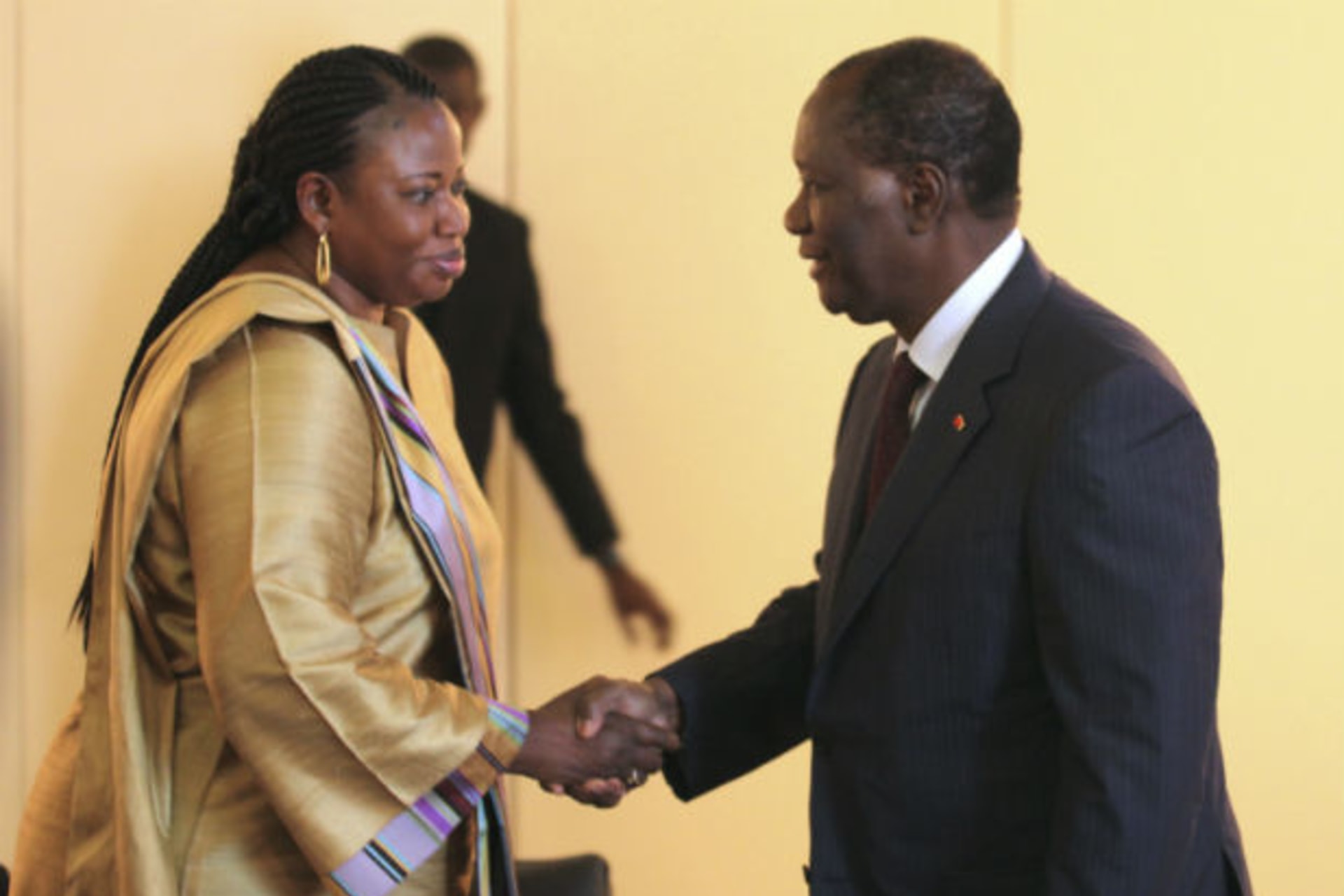 The ICC's deputy prosecutor Fatou Bensouda (L), who will start as chief prosecutor in June, greets Ivory Coast President Alassane Ouattara in Abidjan June 28, 2011.