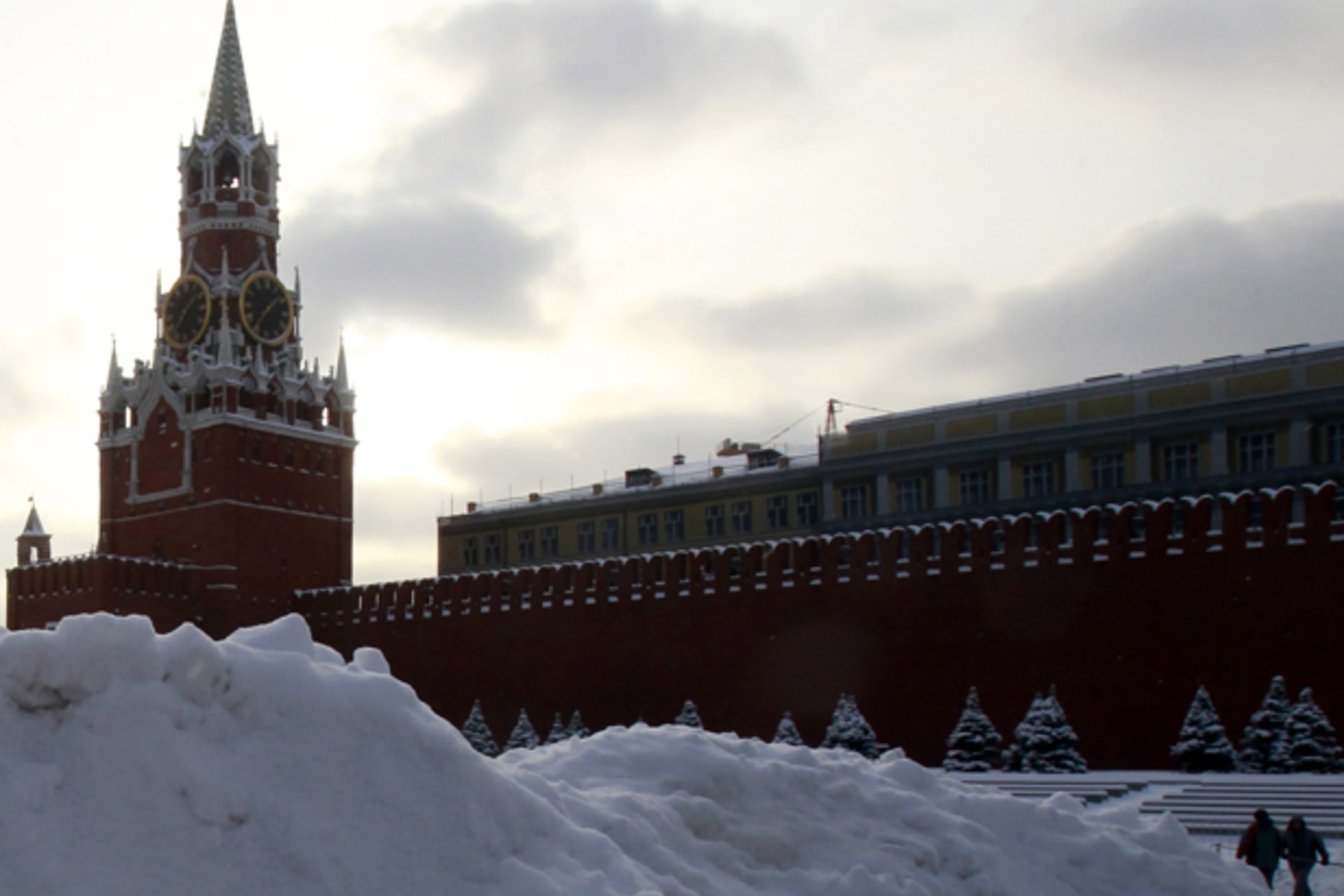 A heap of snow is seen in Red Square after a heavy snowfall in central Moscow