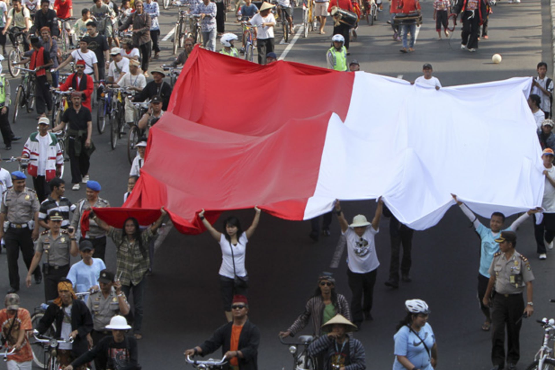 <p>Activists carry an Indonesian flag in Jakarta.</p>
