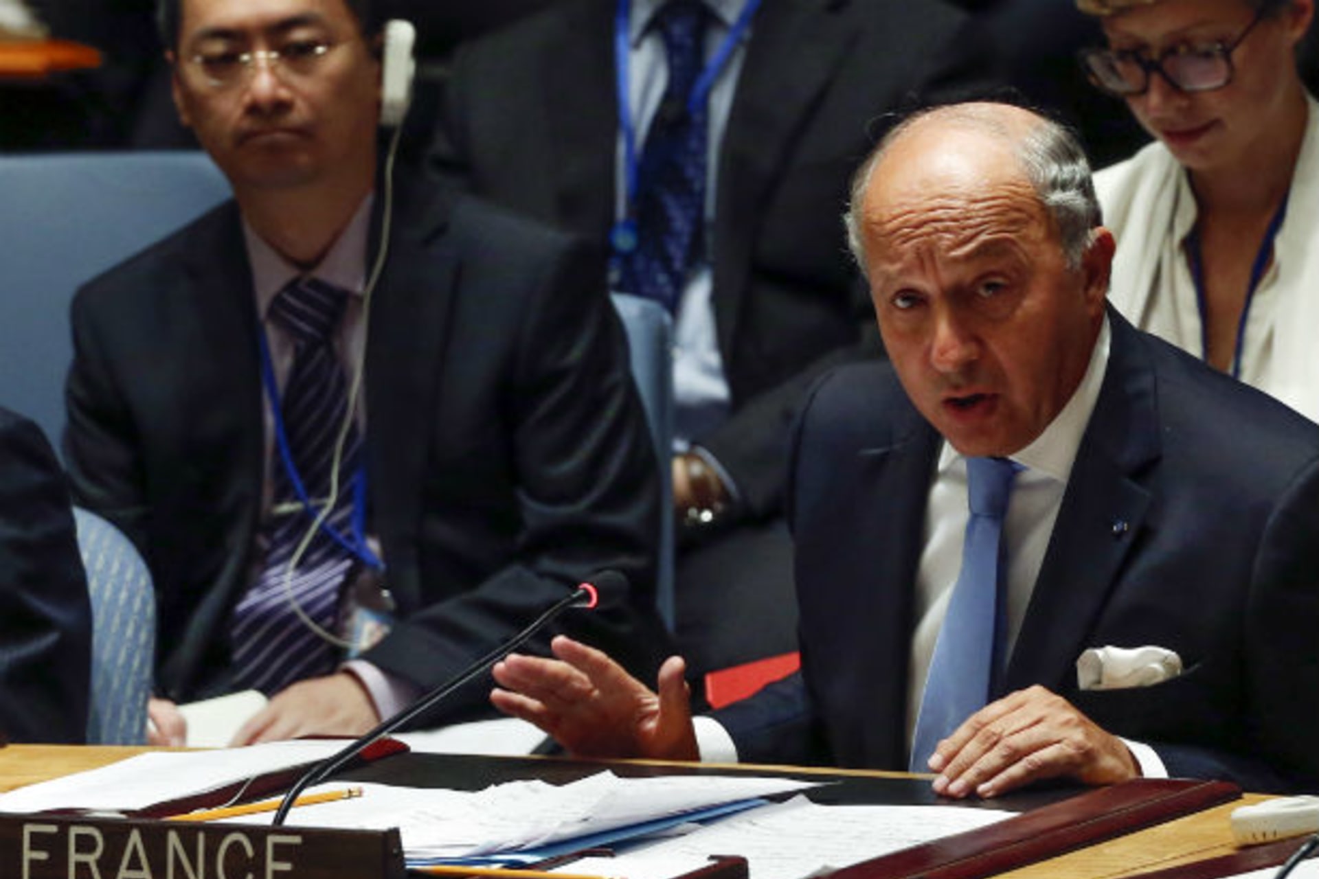 <p>French Foreign Minister Laurent Fabius speaks at a session of the UN Security Council on September 19, 2014.</p>