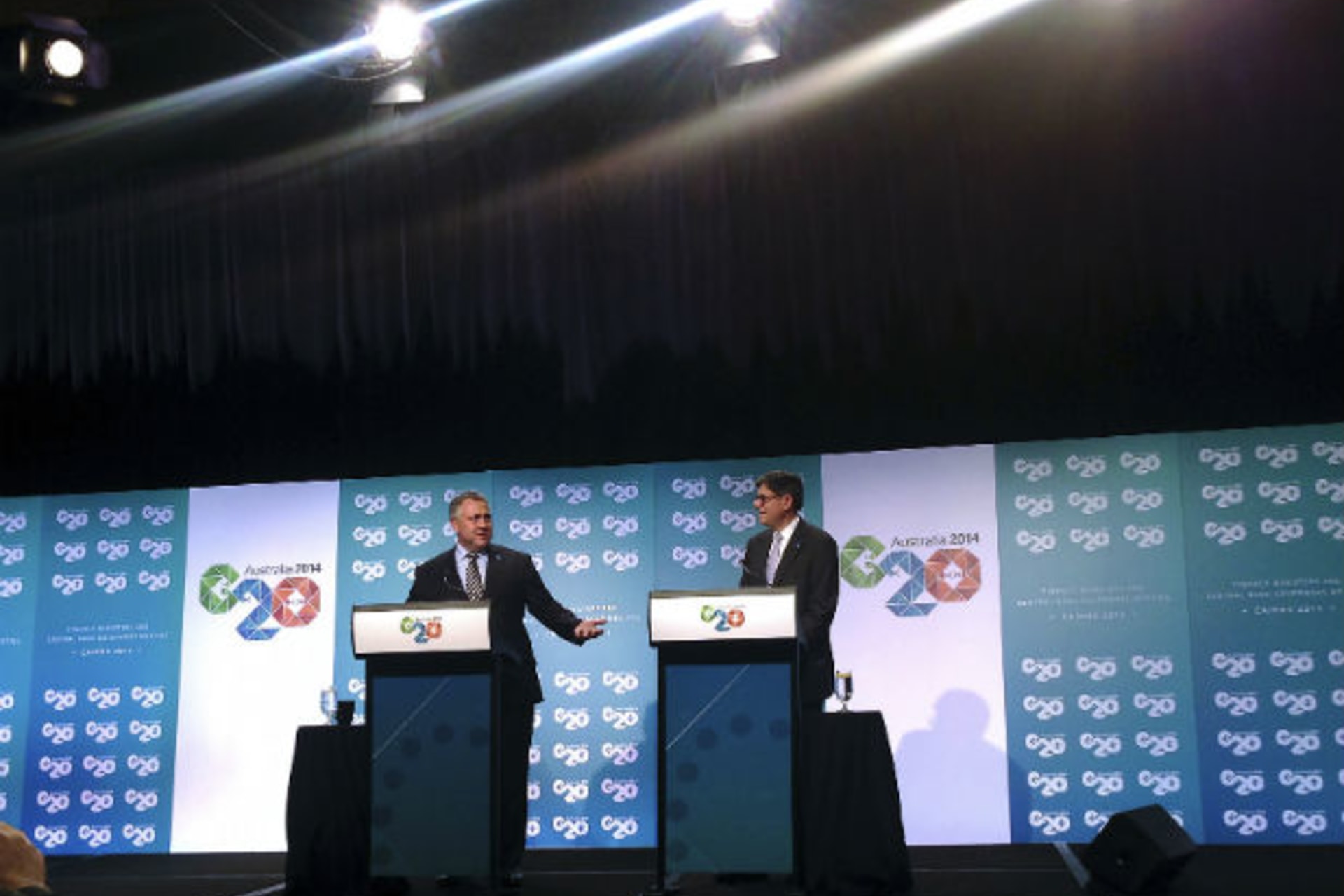 <p>U.S. Treasury Secretary Jack Lew and his Australian counterpart Joe Hockey speak at a media conference at the G20 Finance Ministers and Central Bank Governors meeting in the Australian city of Cairns on September 19, 2014.</p>