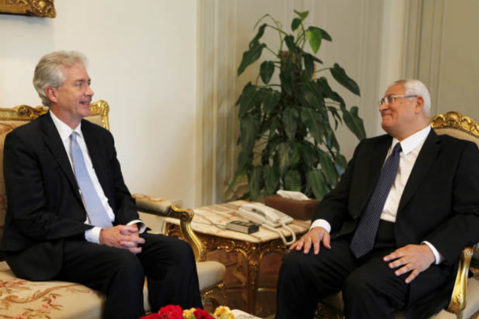 Egypt's interim president Adli Mansour (R) speaks with U.S. deputy secretary of state William Burns at El-Thadiya presidential palace in Cairo, July 15, 2013 (Courtesy Reuters/Dalsh).