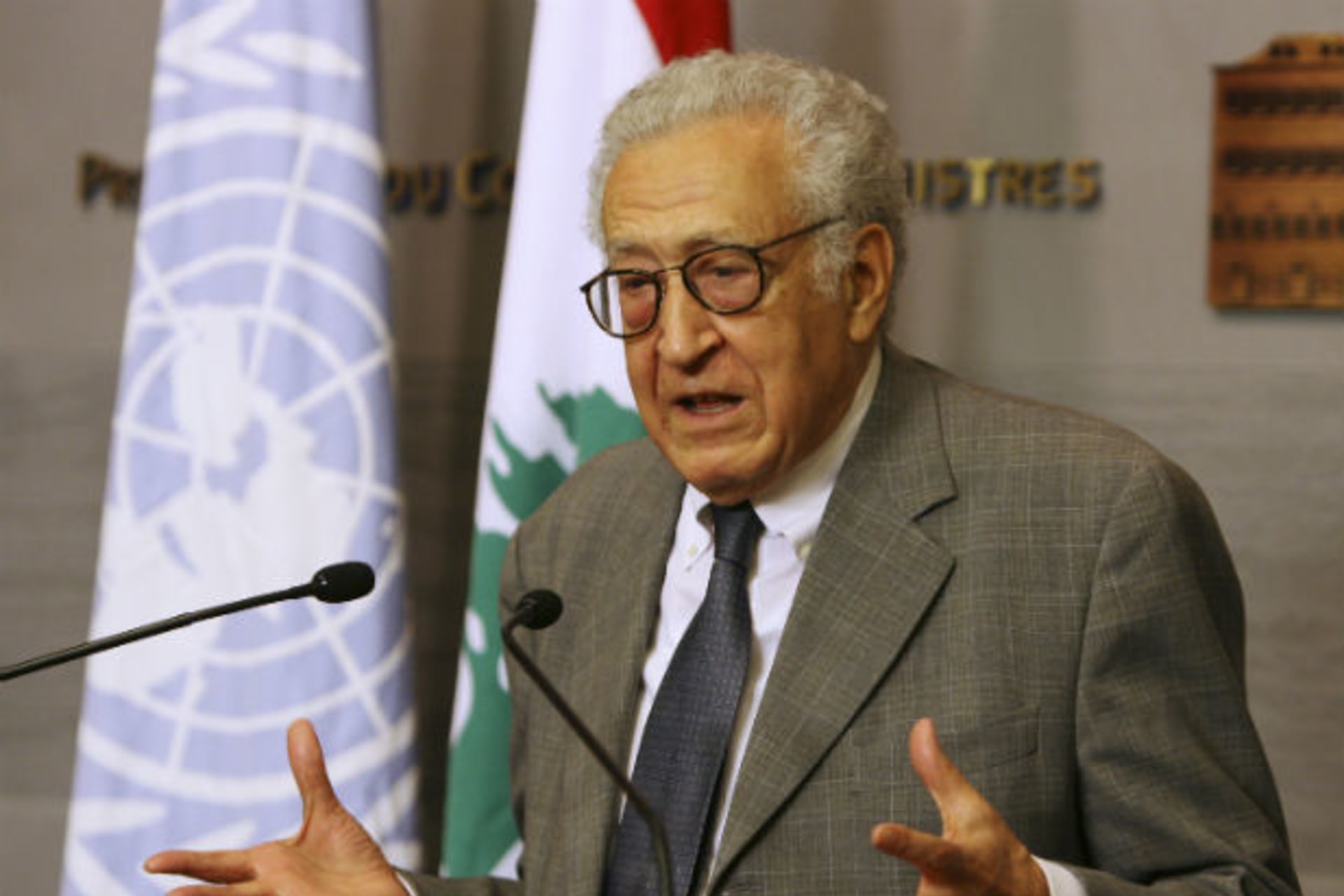 UN-Arab League peace envoying a news conferenc for Syria Brahimi speaks dure in Beirut on October 17, 2012 (Shaaban/Courtesy Reuters).