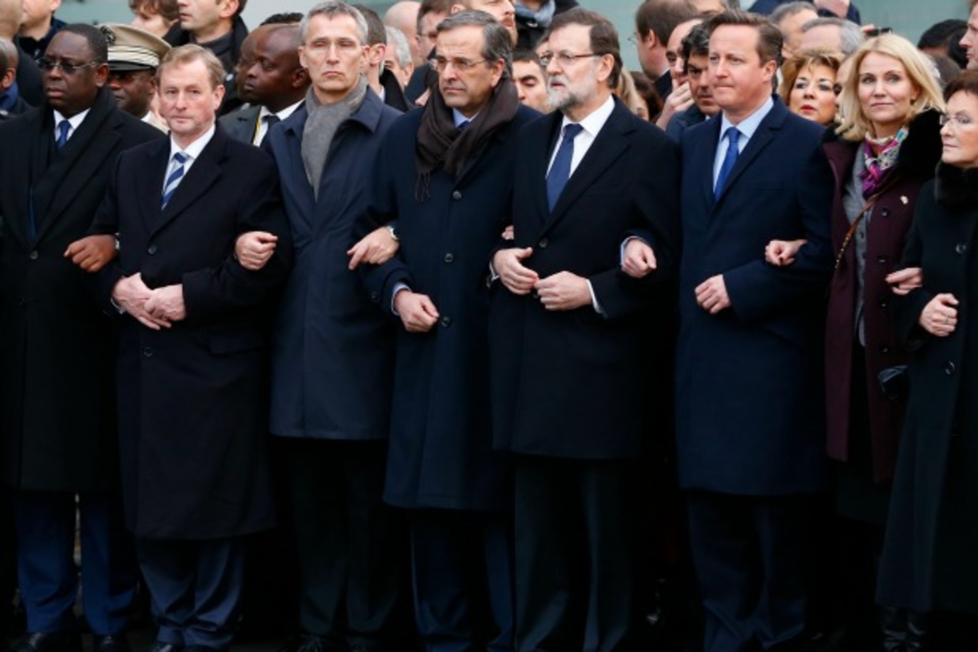 <p>Heads of state including Britain’s Prime Minister David Cameron (3rdR), Denmark’s Prime Minister Helle Thorning Schmidt (2ndR)… attend the solidarity march (Marche Republicaine) in the streets of Paris on January 11, 2015. (Yves Herman/Courtesy Reuters)</p>
