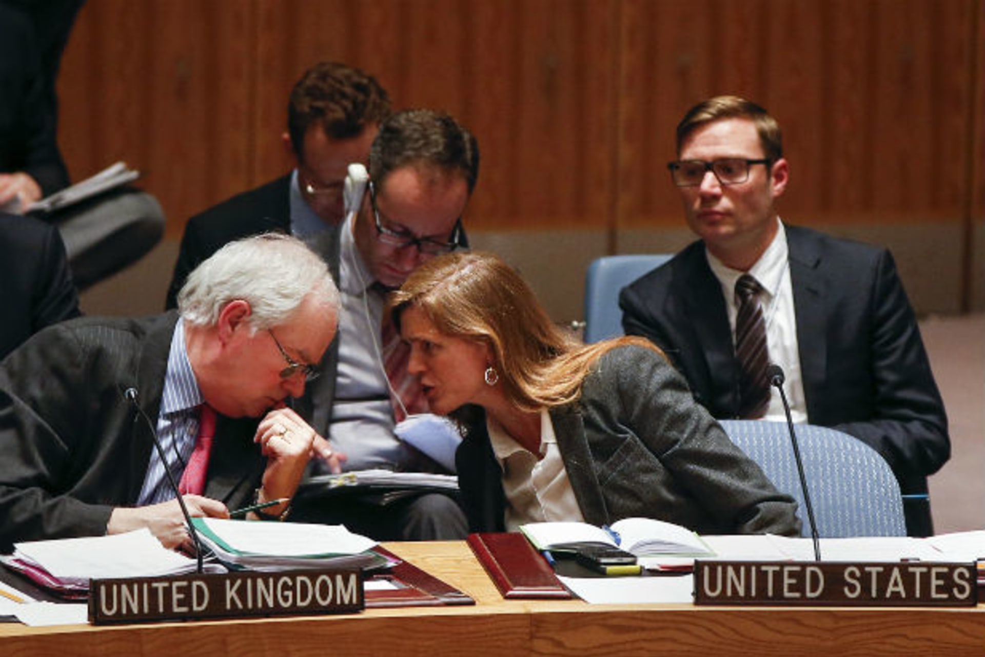 <p>UK Ambassador to the UN Mark Lyall Grant speaks with his U.S. counterpart, Ambassador Samantha Power, during a UN Security Council meeting on the crisis in Ukraine in March 2014.</p>
