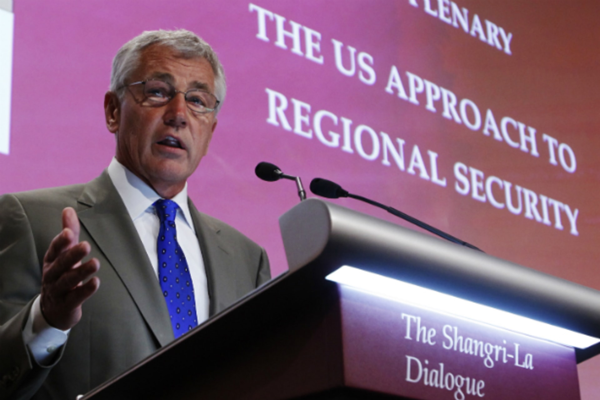 <p>U.S. Defense Secretary Chuck Hagel speaks during the first plenary session of the 12th International Institute for Strategic Studies (IISS) Asia Security Summit: The Shangri-La Dialogue, in Singapore on June 1, 2013.</p>
