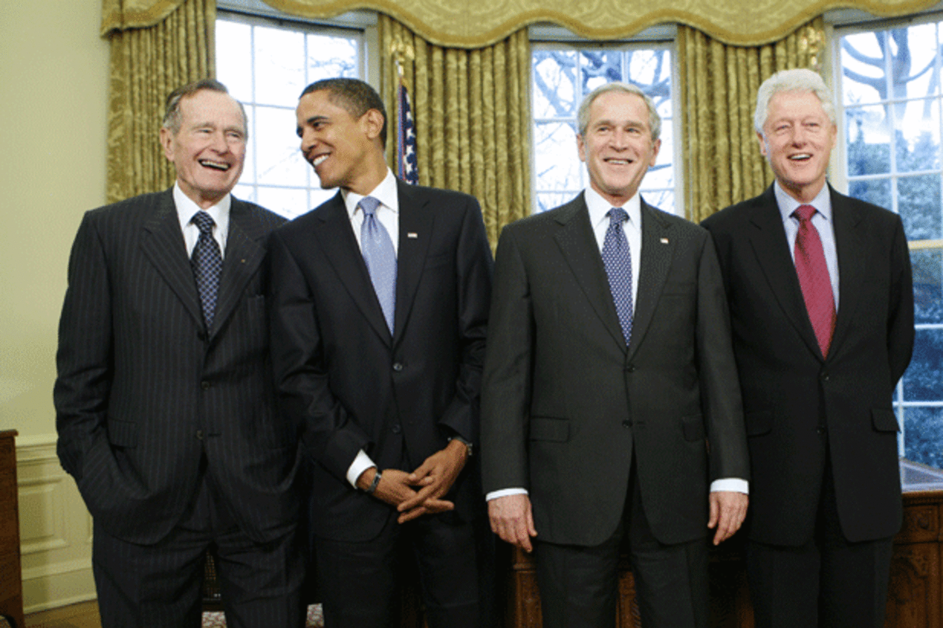<p>President George W. Bush meets with former presidents and President-elect Barack Obama in the Oval Office of the White House in Washington, January 2009. (Kevin Lamarque/Reuters)</p>

