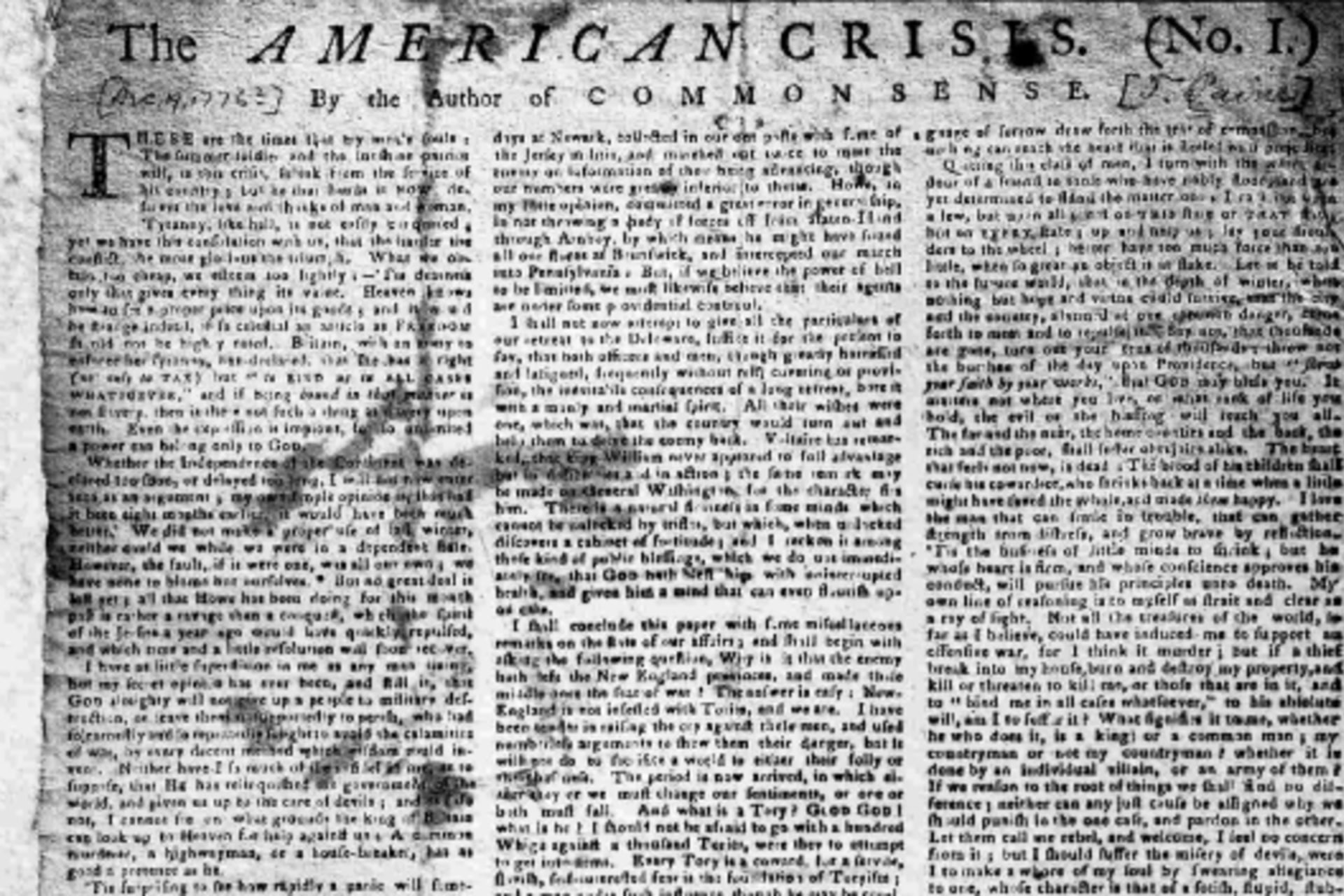 <p>The first page of The American Crisis, No. I. (courtesy of Library of Congress)</p>