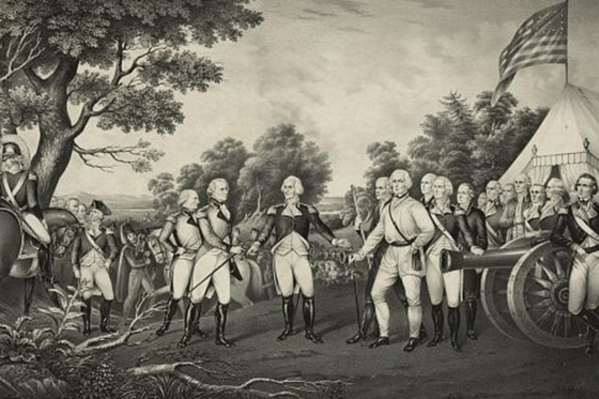 <p>British General John Burgoyne surrendering his sword to after the Battle of Saratoga. (John Trumbull/courtesy Library of Congress)</p>