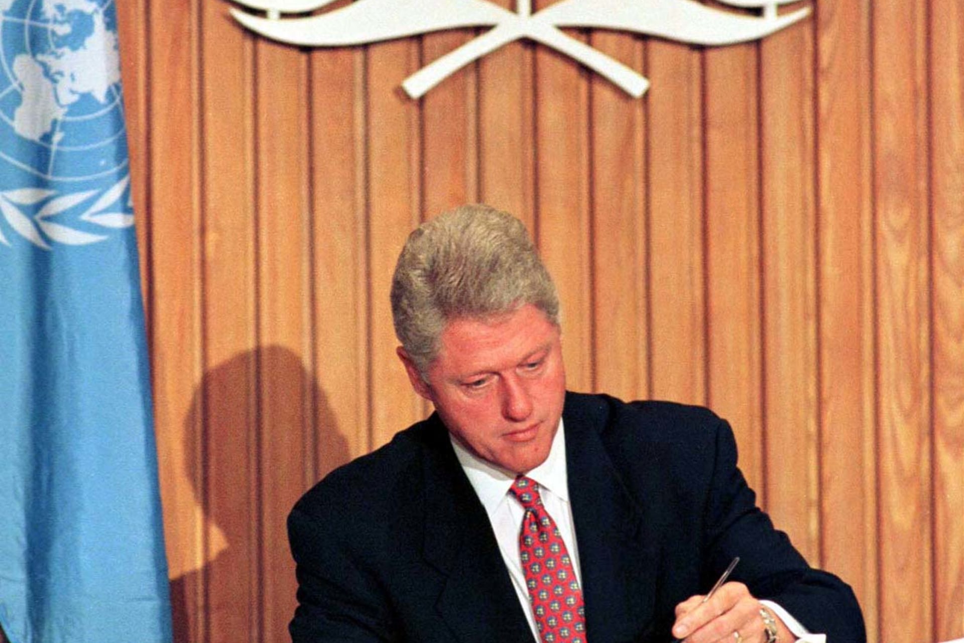 <p>President Bill Clinton signs the Comprehensive Nuclear Test Ban Treaty at the United Nations in New York on September 24, 1996. </p>
