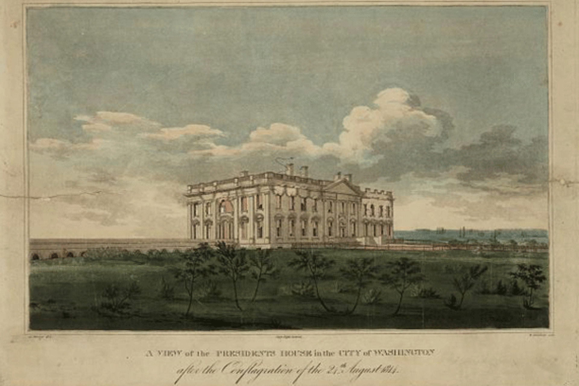 <p>A view of the White House after the fire. (William Strickland and George Munger/courtesy the Library of Congress)</p>
