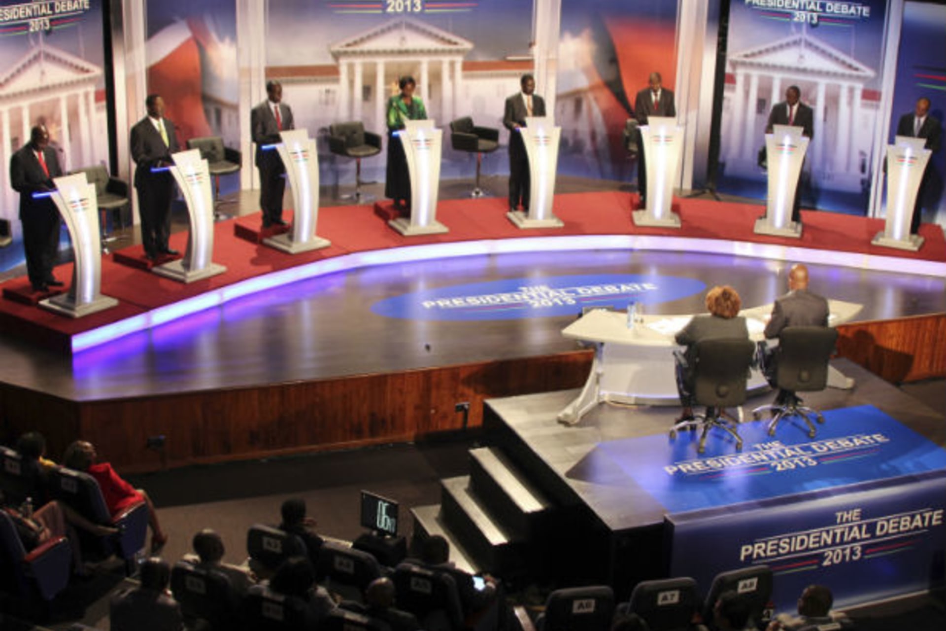 A general view shows the eight Kenyan presidential candidates (L-R) James Ole Kiyiapi, Musalia Mudavadi, Paul Muite, Martha Karua, Kenyan Prime Minister Raila Odinga, Mohammed Dida, Uhuru Kenyatta and Peter Kenneth attending the second presiden