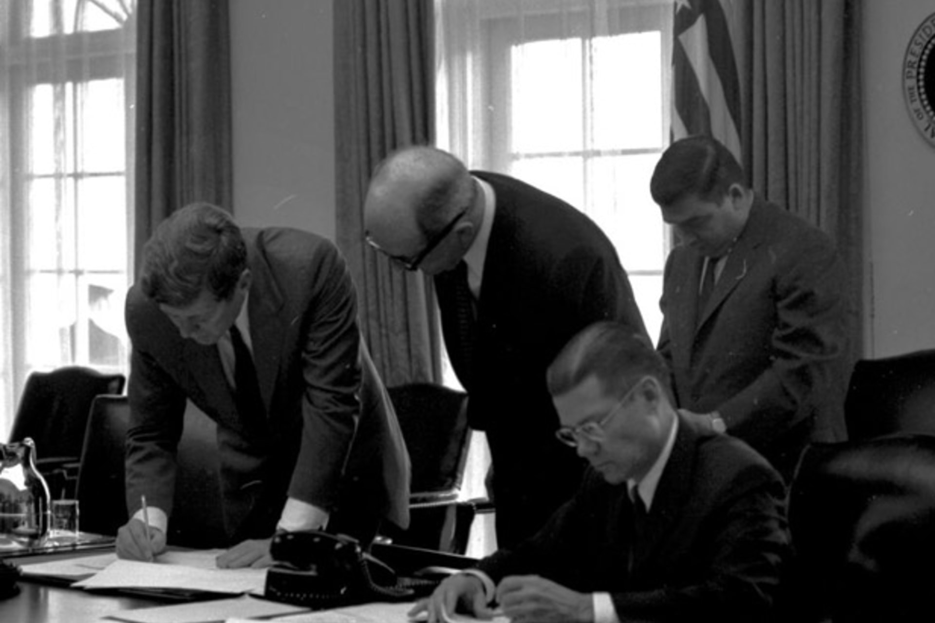 <p>President John F. Kennedy speaks with Secretary of State Dean Rusk and Secretary of Defense Robert McNamara during an ExCom meeting. (Cecil Stoughton. White House Photographs. John F. Kennedy Presidential Library and Museum, Boston)</p>
