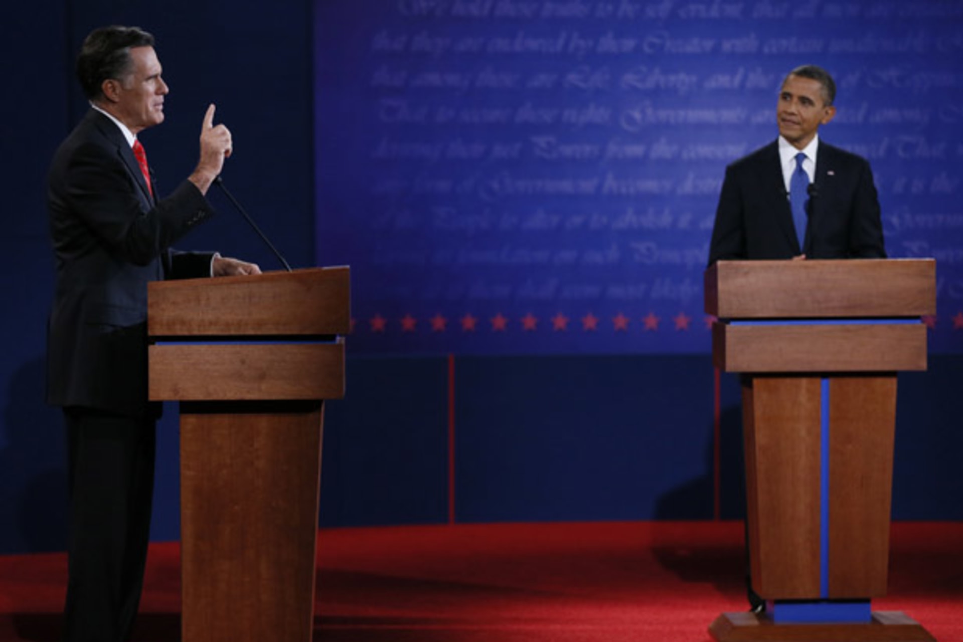 <p>Romney and Obama debate in Denver on October 3, 2012. (Jim Bourg/ courtesy Reuters)</p>

