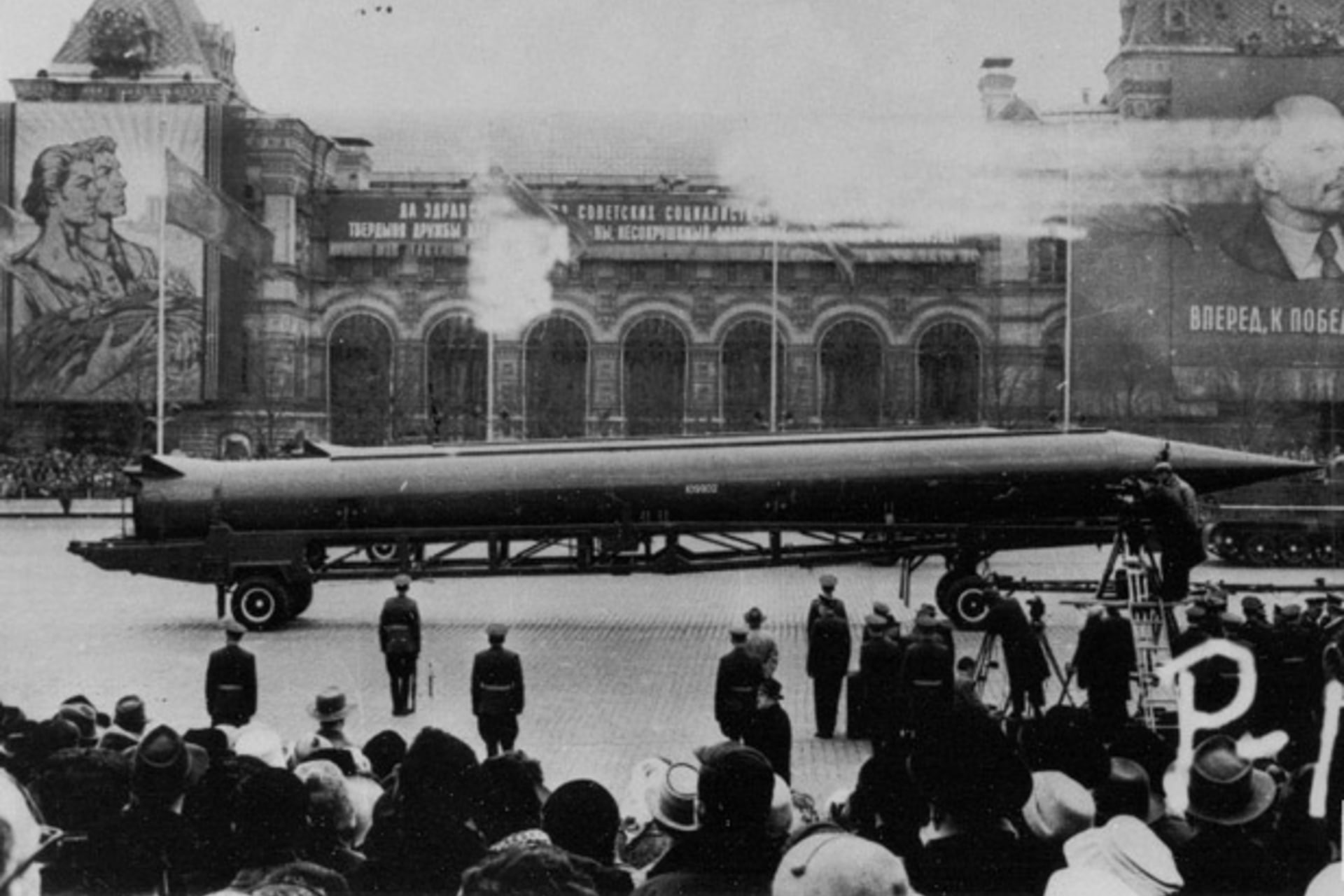 <p>A Soviet medium-range ballistic missile on parade in Moscow’s Red Square. (Dino A. Brugioni Collection, The National Security Archive, Washington, DC)</p>
