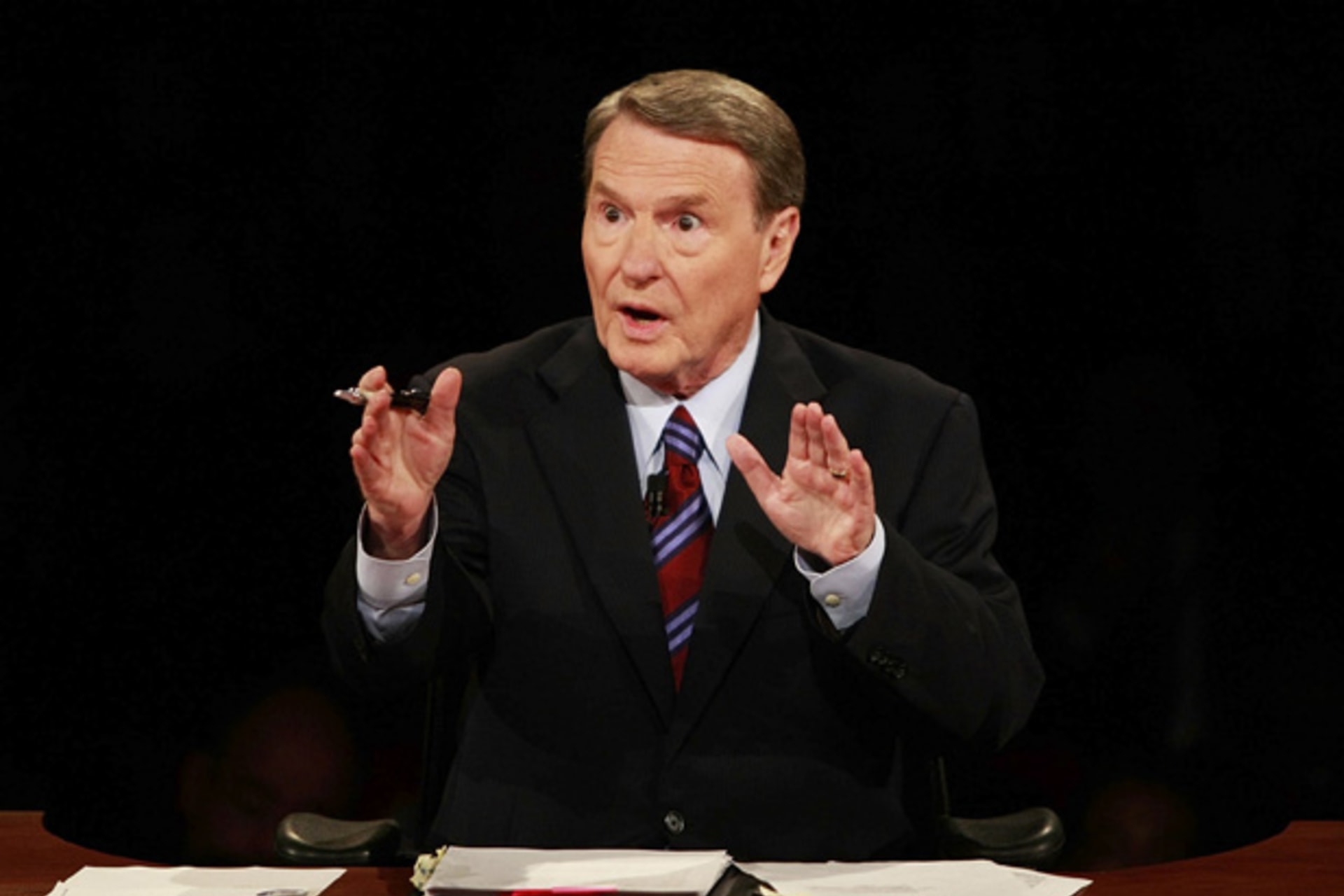<p>Jim Lehrer, seen here moderating the first 2008 presidential debate, will moderate next week’s presidential debate at the University of Denver. (Chip Somodevilla/ courtesy Reuters)</p>
