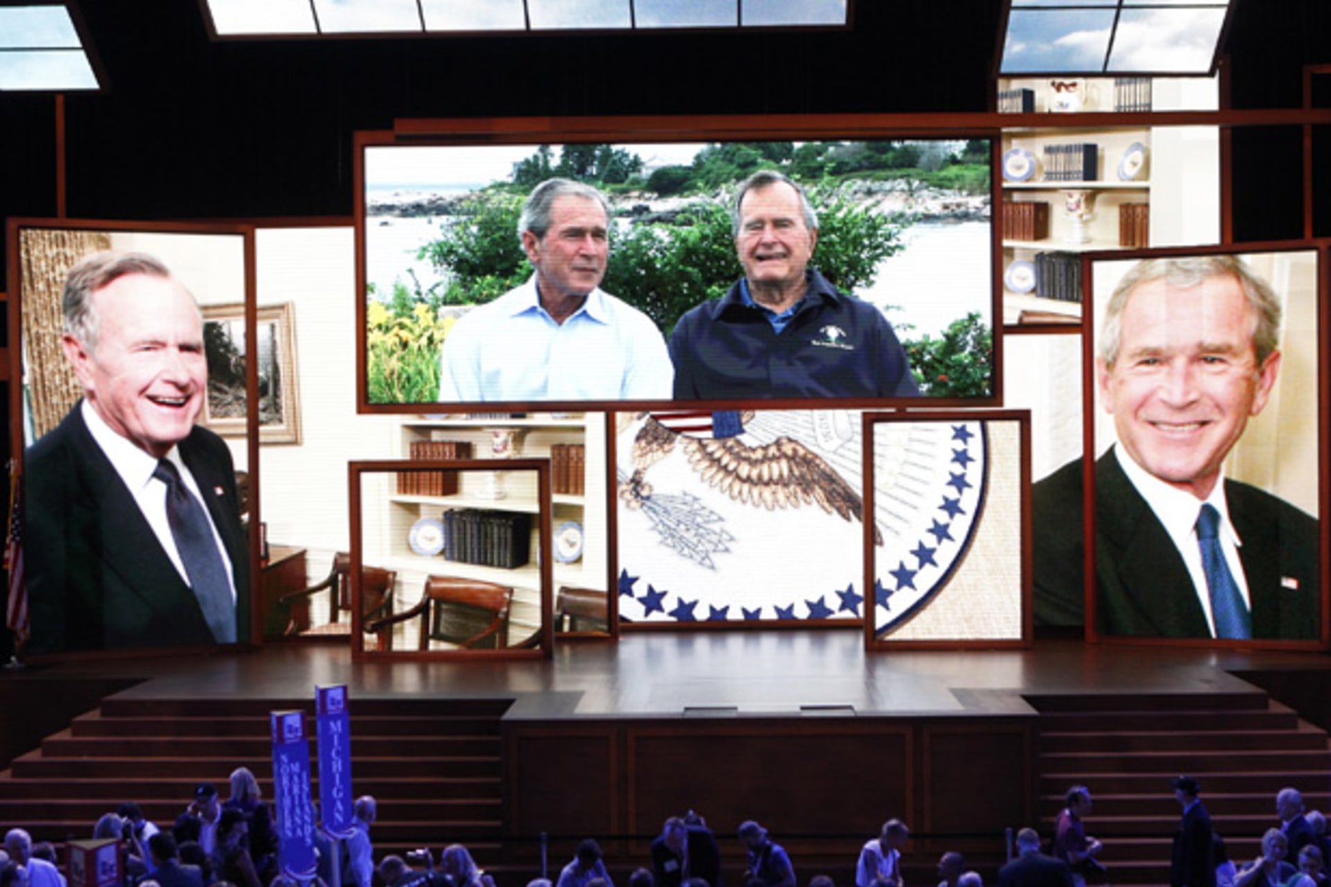 <p>A video tribute at the Republican National Convention in Tampa honors former presidents George H.W. Bush and George W. Bush. (Mike Segar/ courtesy Reuters)</p>
