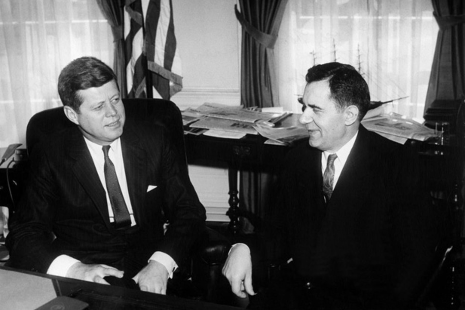 <p>President John F. Kennedy and Soviet minister of foreign affairs Andrei Gromyko meet in the Oval Office in March 1961. (Abbie Rowe. White House Photographs. John F. Kennedy Presidential Library and Museum, Boston.)</p>
