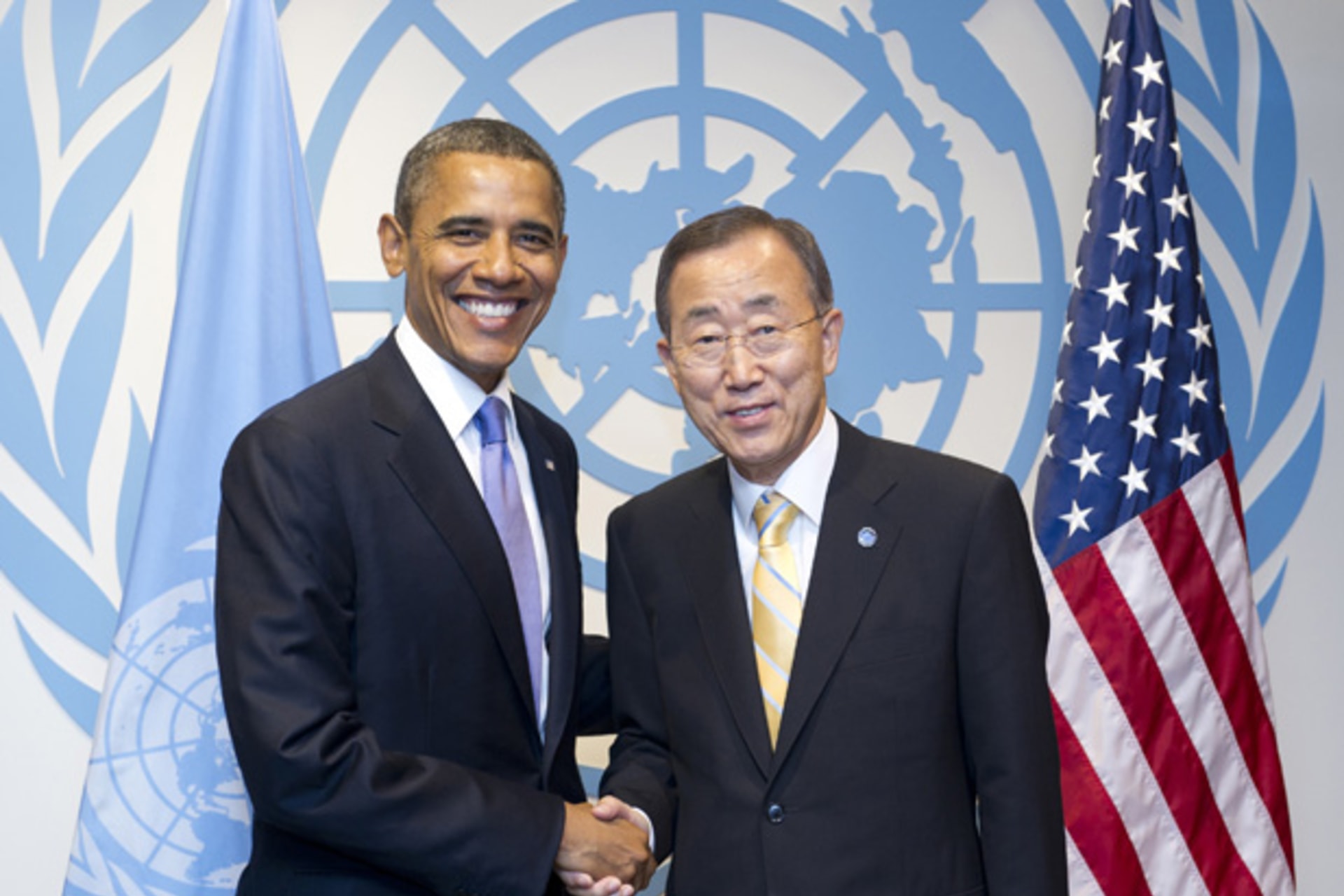 <p>UN secretary-general Ban Ki-moon shakes hands with President Barack Obama at the United Nations in New York. (UN Photo/Mark Garten/ courtesy Reuters)</p>
