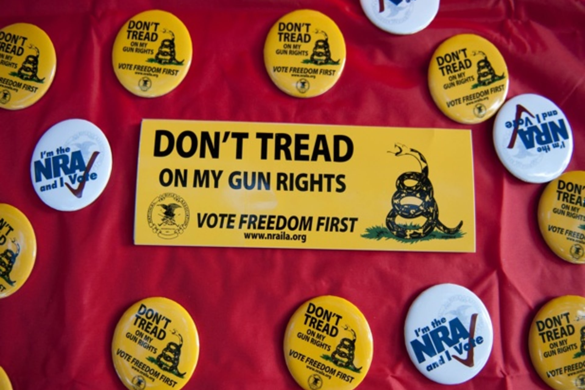 <p>National Rifle Association promotional items are displayed at a campaign stop (David Acker/Courtesy Reuters).</p>

