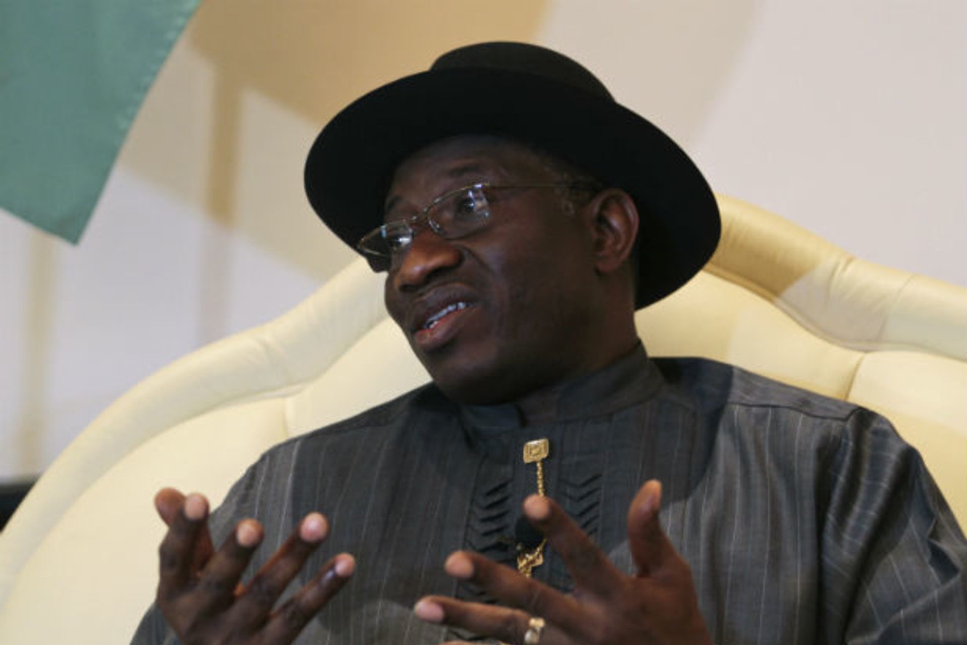 Nigerian President Goodluck Jonathan gestures during an interview with Reuters at the Presidential Villa in Abuja January 26, 2012.