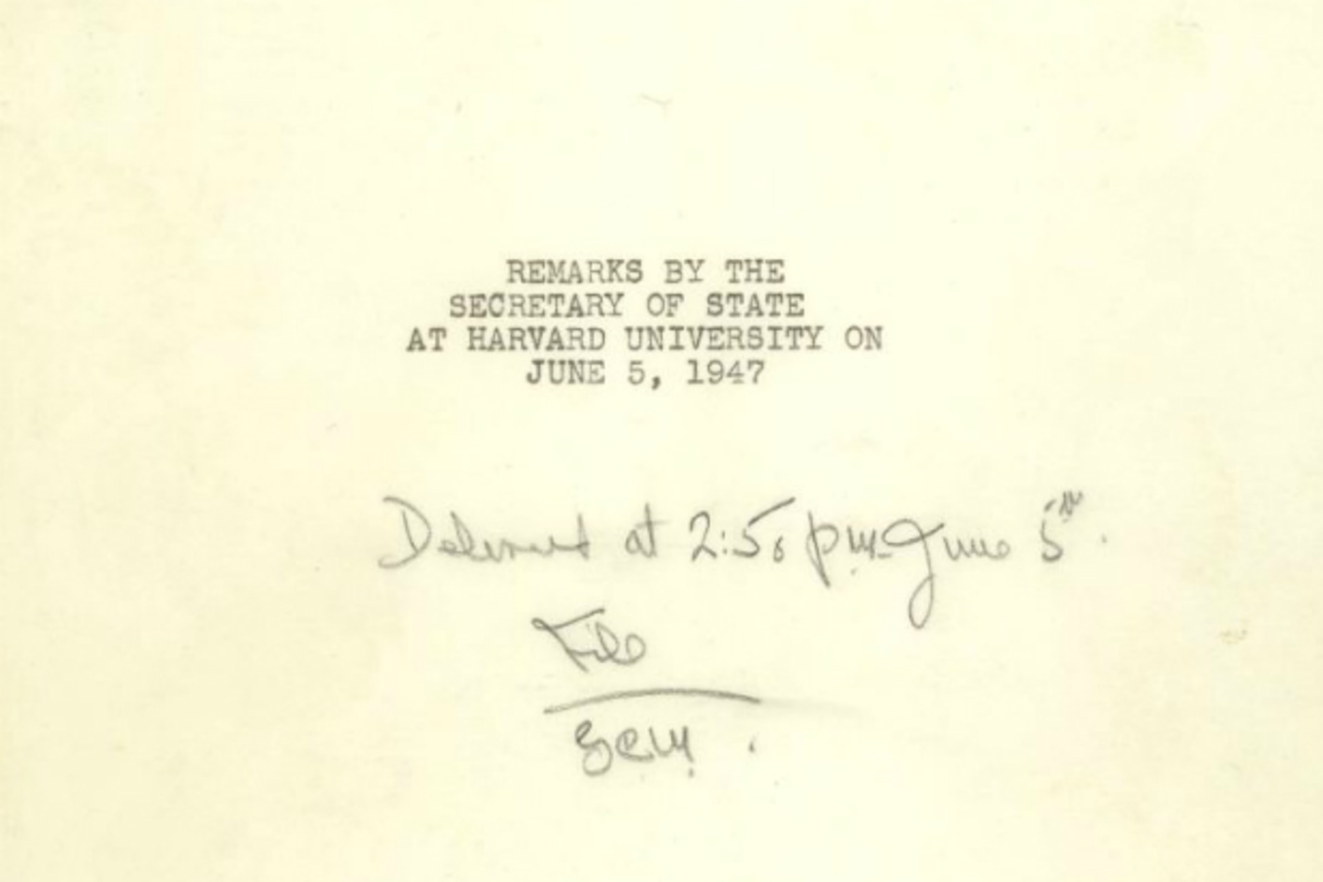 <p>The title page of Secretary of State George C. Marshall’s remarks at Harvard University on June 5, 1947. (George C. Marshall Foundation)</p>