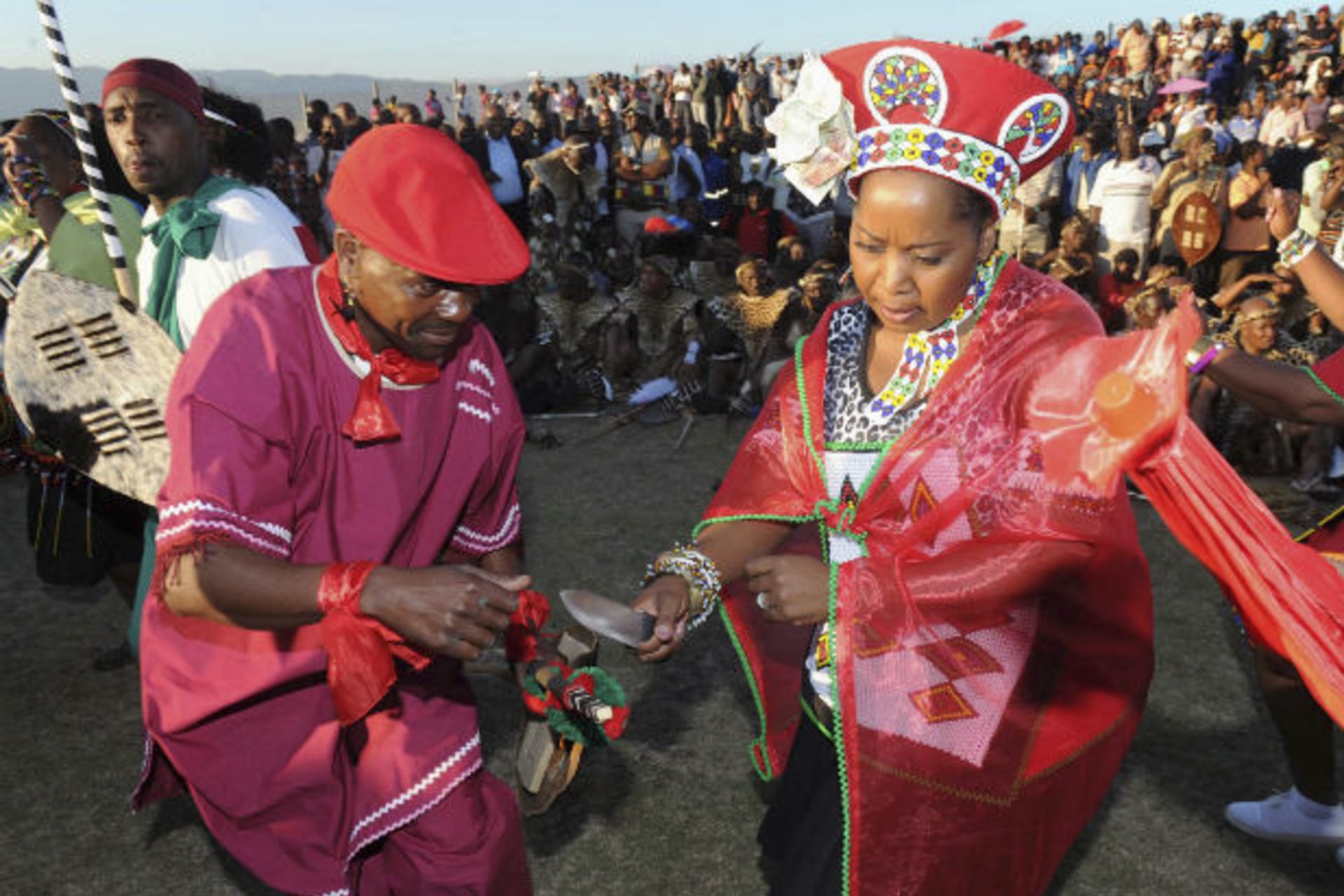 South African President Jacob Zuma's fiancee Bongi Ngema dances at a traditional wedding ceremony known as "Umgcagco" at his home in Nkandla, in South Africa's KwaZulu Natal province, in this handout picture supplied by the Government Communica