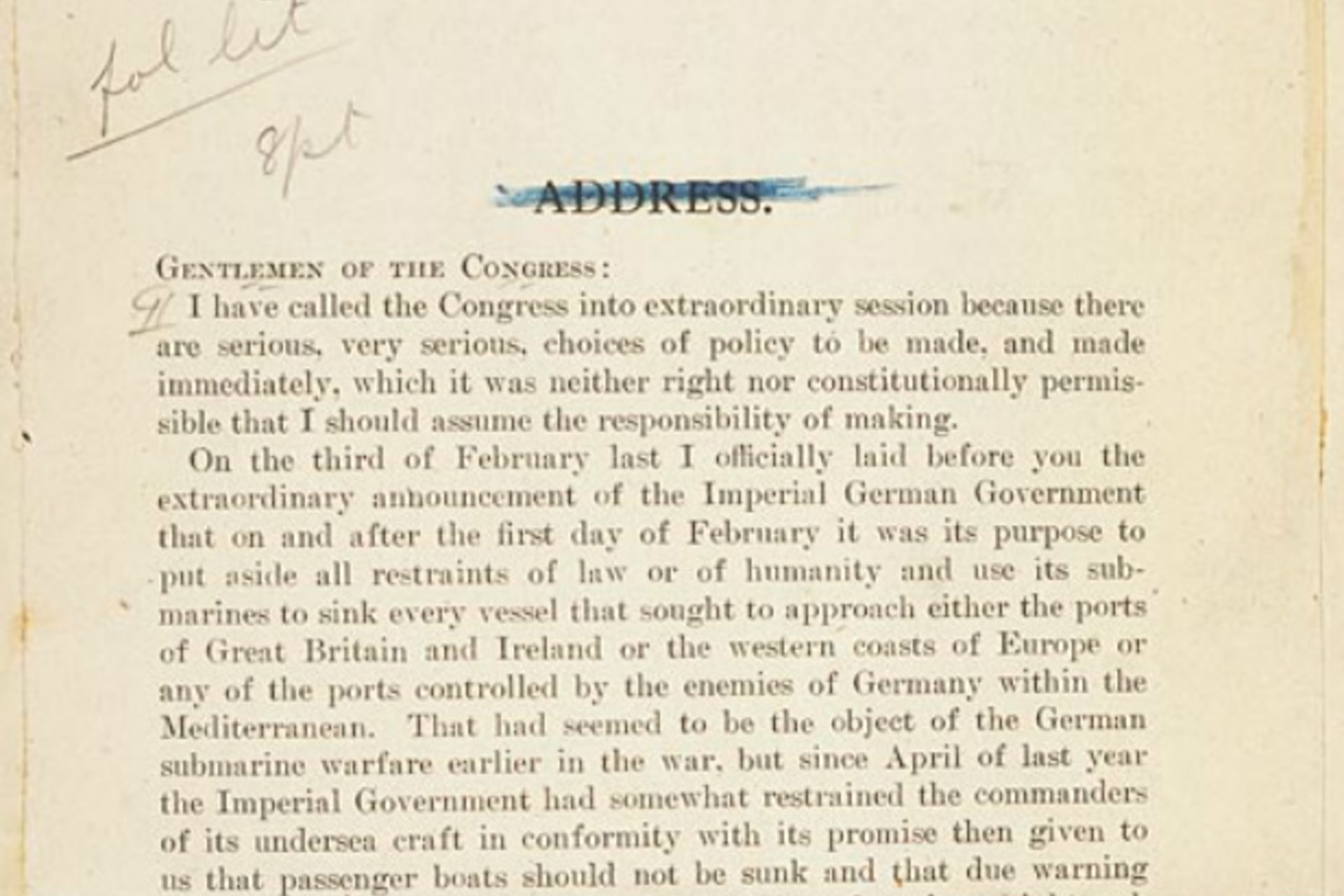 <p>The first page of President Woodrow Wilson’s Declaration of War Message to Congress, April 2, 1917. (National Archives)</p>