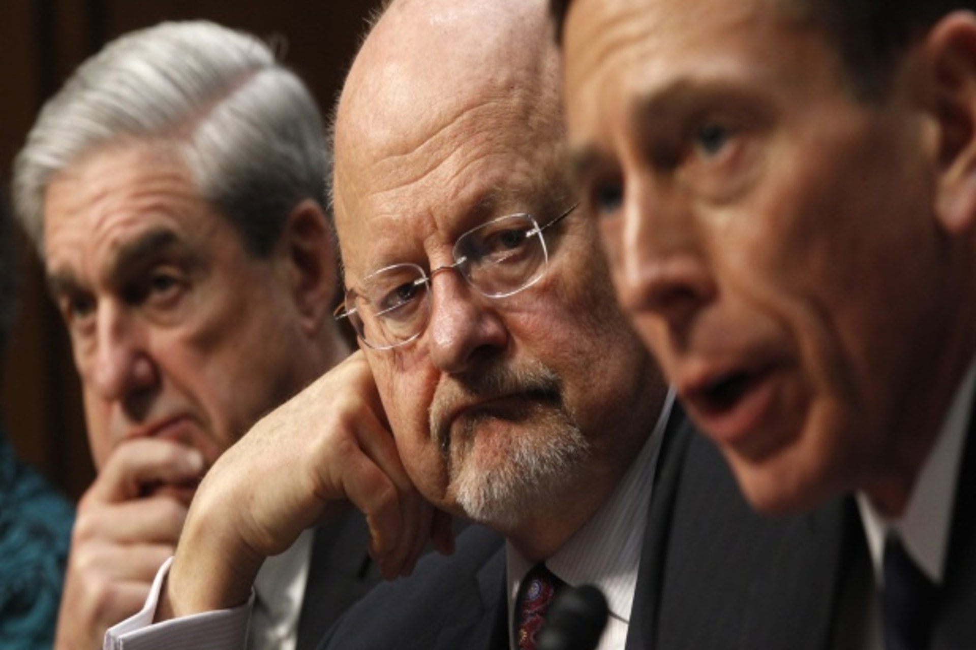 <p>Director of National Intelligence James Clapper, flanked by FBI Director Robert Mueller and CIA Director David Petraeus as they testify before a Senate Select Intelligence hearing in Washington, DC, on January 31, 2012 (Courtesy Reuters/Kevin Lamarque).</p>
