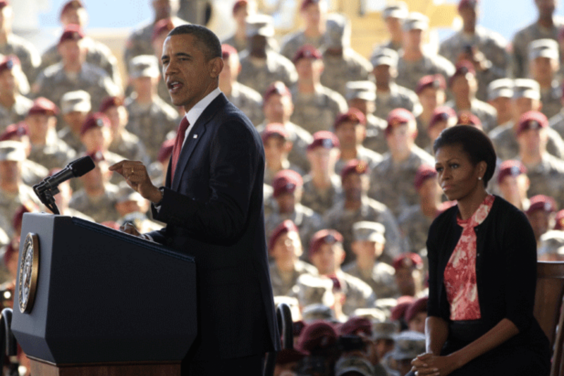 <p>President Barack Obama speaks to troops at Fort Bragg in North Carolina on December 14, 2011. (Kevin Lamarque/courtesy Reuters)</p>