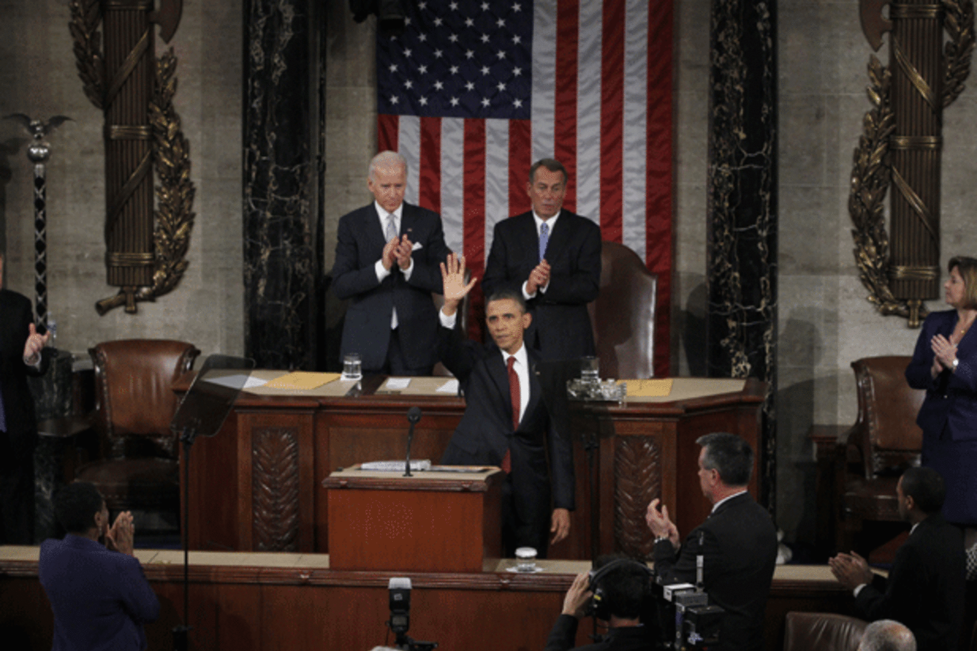 <p>President Barack Obama waves after the State of the Union address on January 24, 2012. (Jason Reed/courtesy Reuters)</p>
