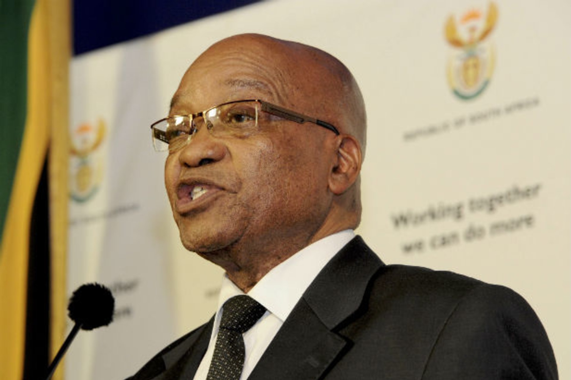 South African President Jacob Zuma speaks during a media briefing at the Union Building in Pretoria, October 24, 2011.