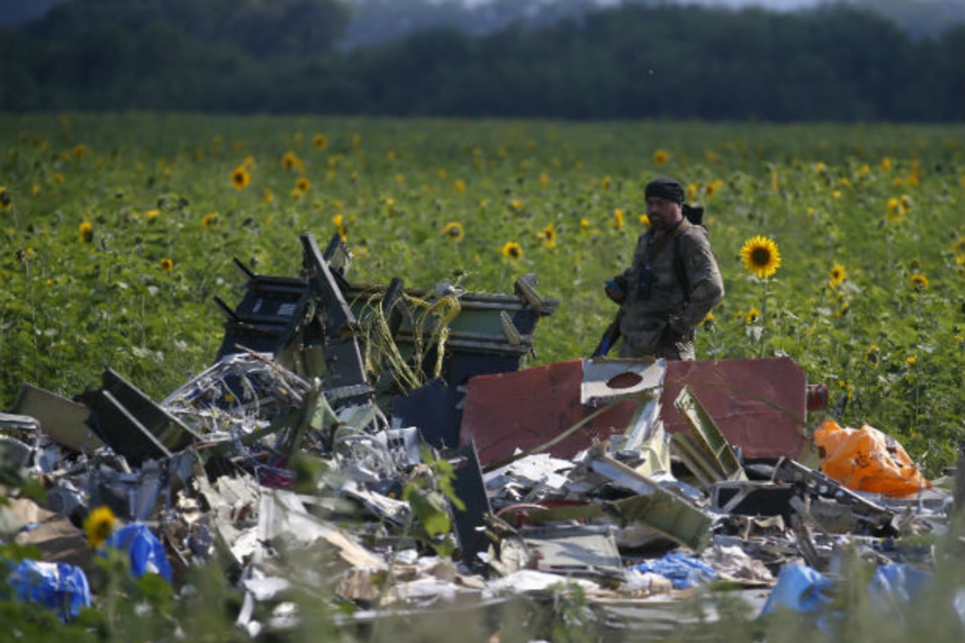 <p>A pro-Russian separatist stands guard over wreckage of Malaysia Airlines Flight 17, shot down in eastern Ukraine on July 17, 2014.</p>
