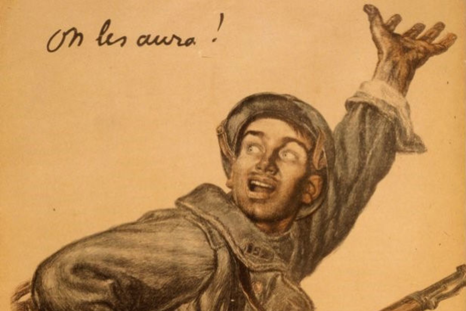<p>In a French poster popularized during World War I, a French soldier carries a gun and encourages his countrymen under the phrase “On les aura!” or “We will have them!”</p>
