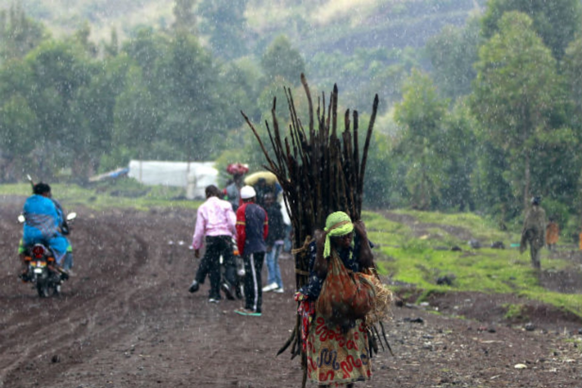 A woman, displaced by recent fighting between Congolese army and the M23 rebels, carries firewood in the rain in Munigi village near Goma in the eastern Democratic Republic of Congo September 1, 2013.