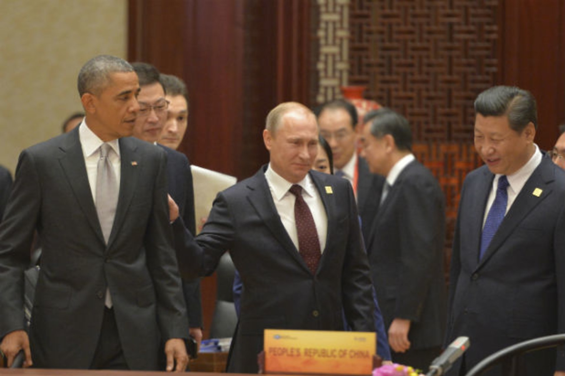 <p>U.S. President Barack Obama, Russian President Vladimir Putin and Chinese President Xi Jinping attend a plenary session during the Asia-Pacific Economic Cooperation (APEC) summit in Beijing, China, on November 11, 2014.</p>
