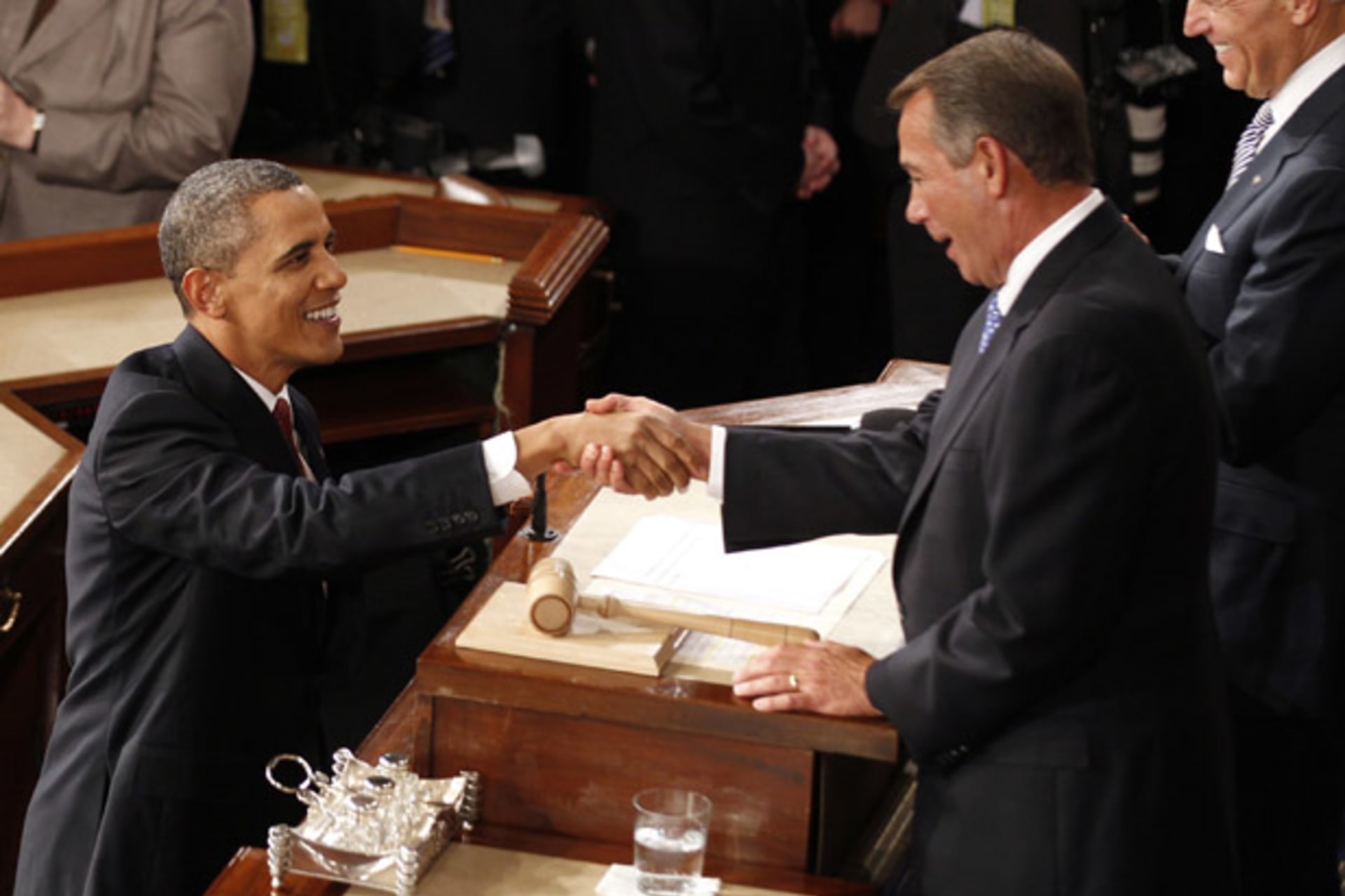 <p>President Barack Obama shakes hands with House Speaker John Boehner (R-OH) before Obama’s 2012 State of the Union address (Larry Downing/ Courtesy Reuters).</p>
